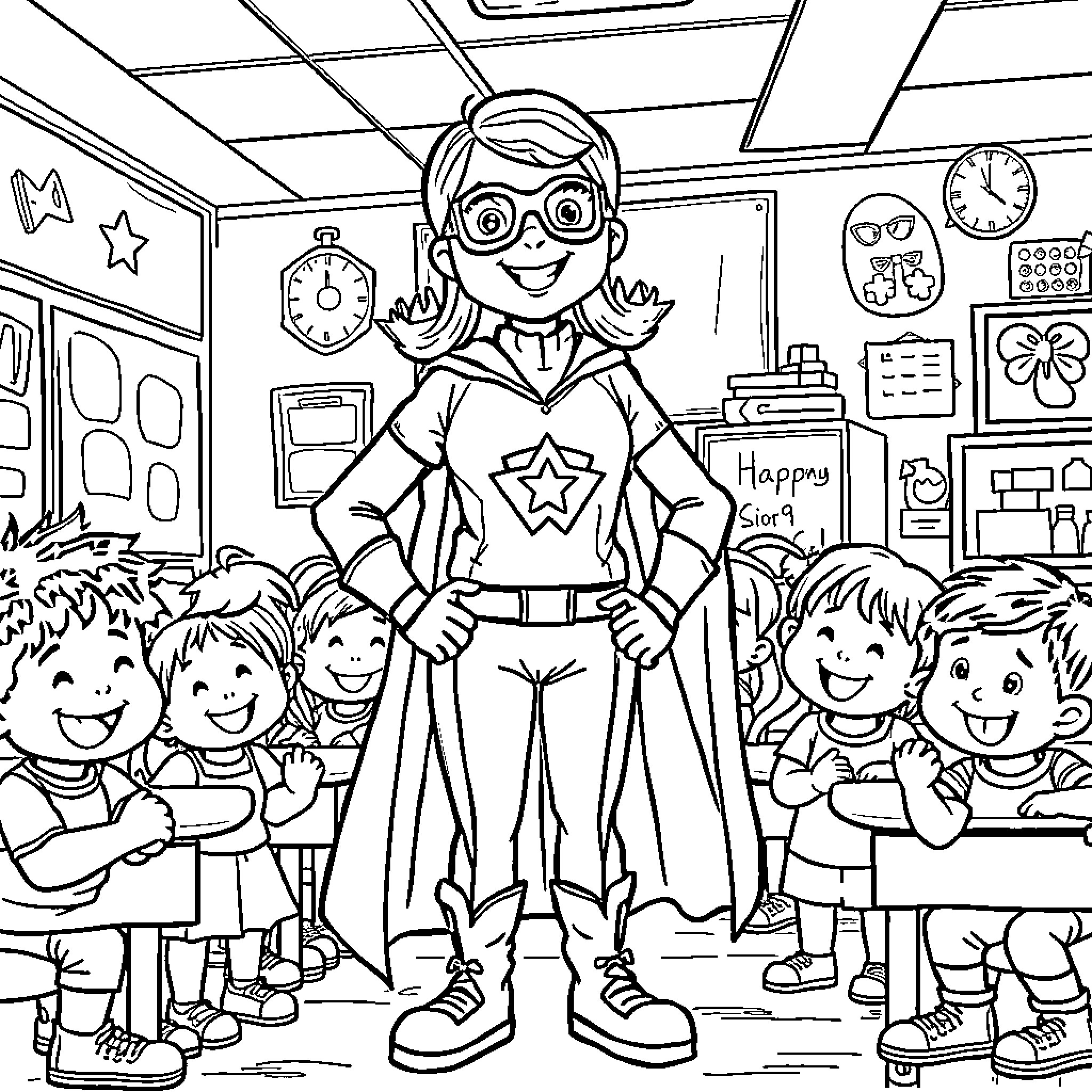 Teacher Inspiring Enthusiastic Students in Classroom Coloring Page (free black-and-white line drawing printable PDF for all, from beginners to advanced learners, including children, teens, adults, and seniors)