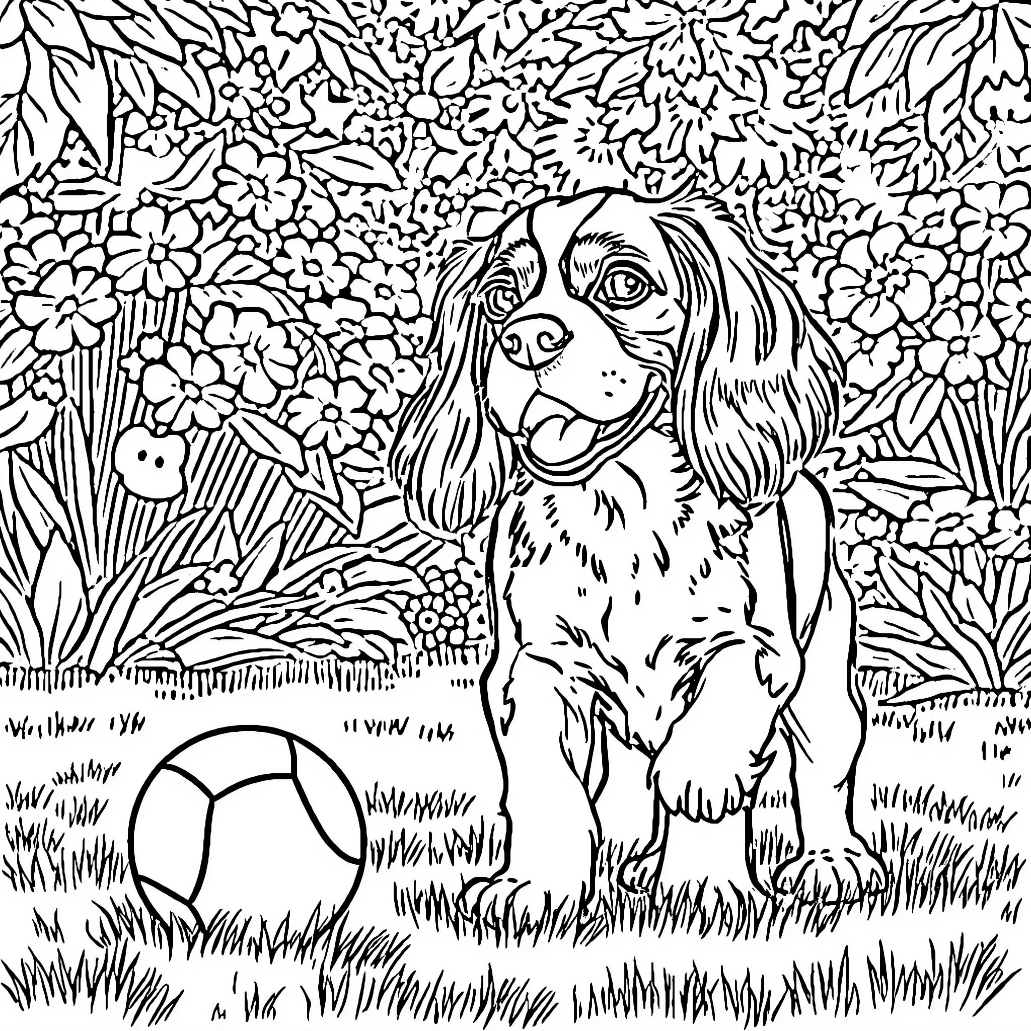 King Charles Cavalier playing with a ball in a floral garden Coloring Page (free black-and-white line drawing printable PDF for all, from beginners to advanced learners, including children, teens, adults, and seniors)