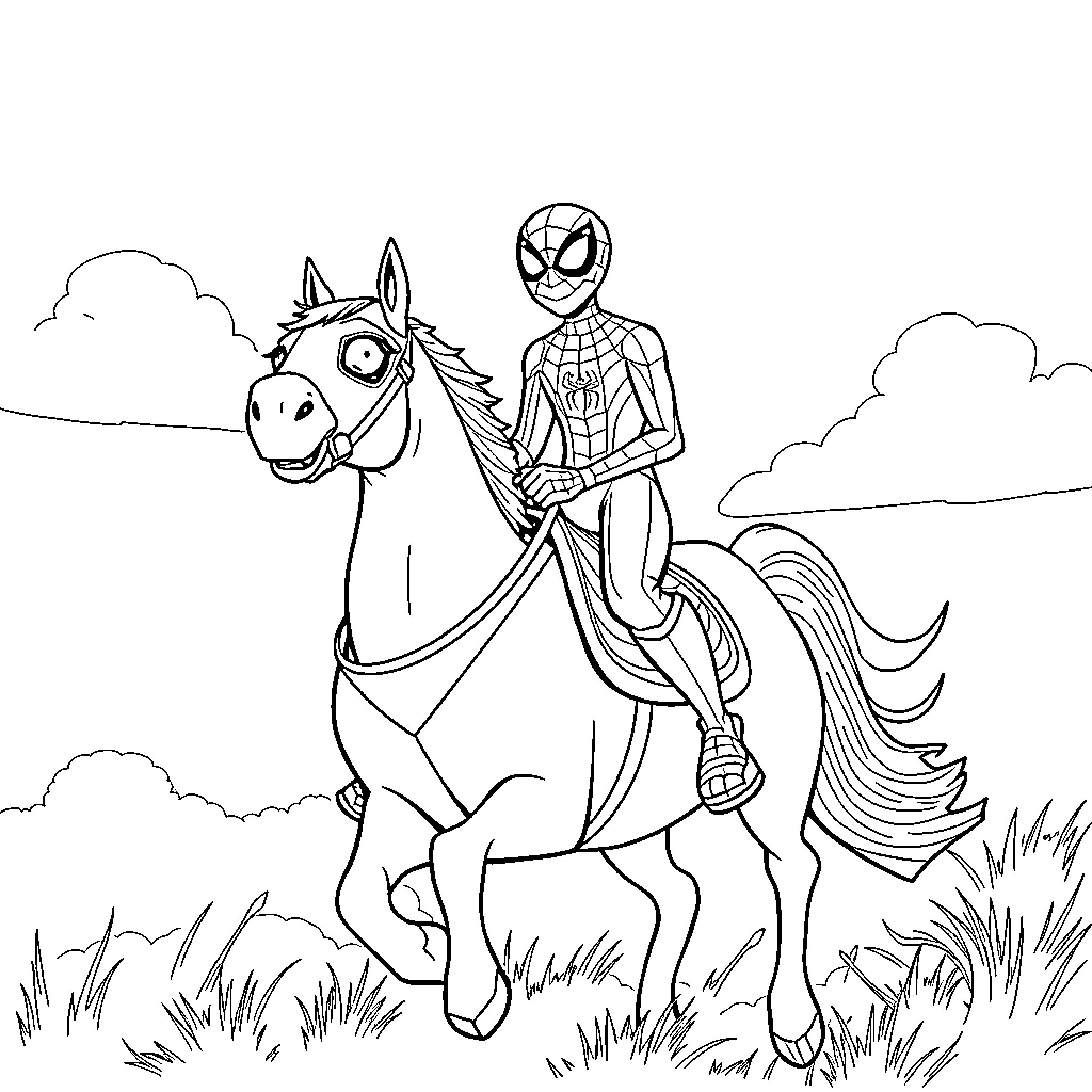Chase through the Countryside with Superhero Coloring Page (free black-and-white line drawing printable PDF for all, from beginners to advanced learners, including children, teens, adults, and seniors)