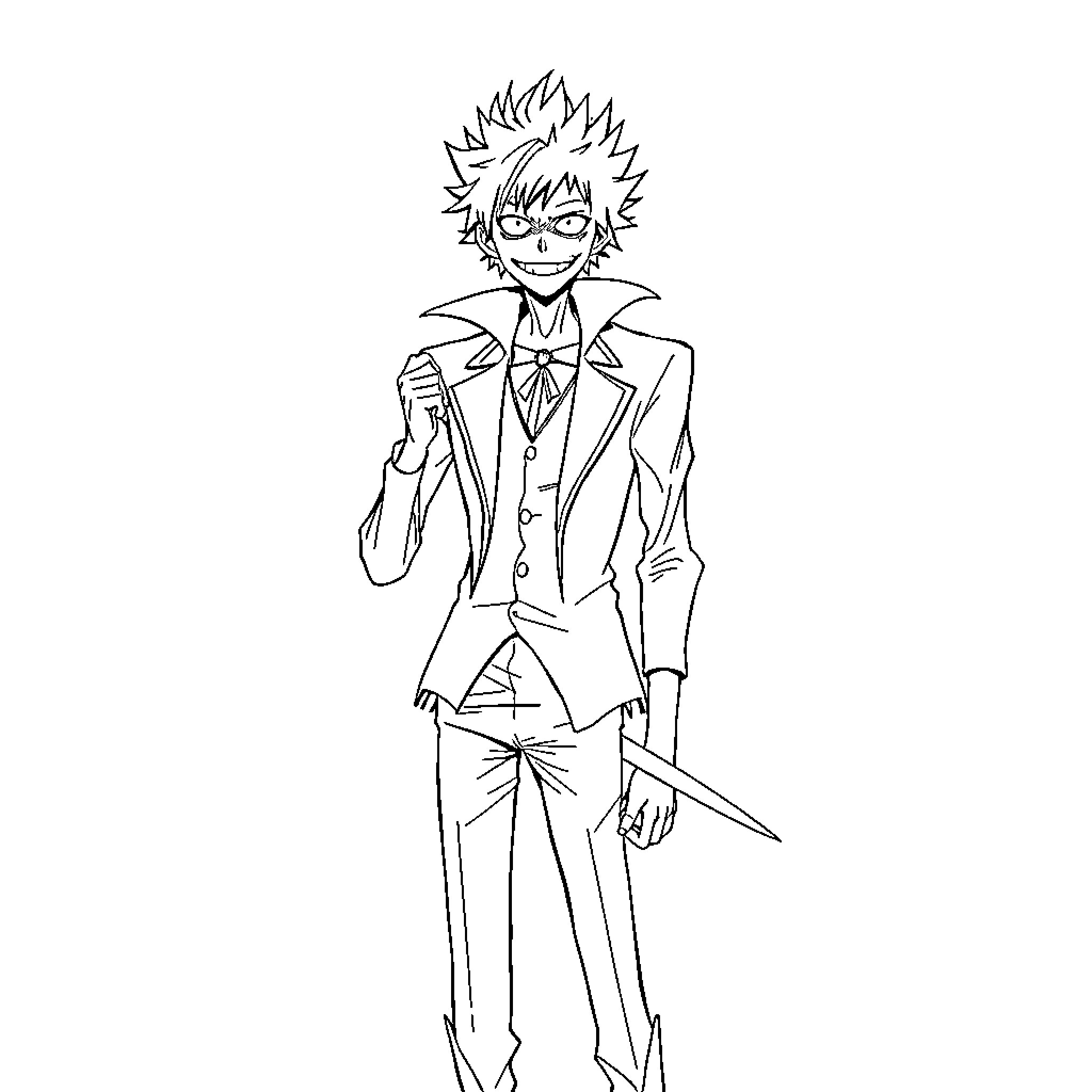 Ryuk in a formal suit with a mischievous grin Coloring Page (free black-and-white line drawing printable PDF for all, from beginners to advanced learners, including children, teens, adults, and seniors)