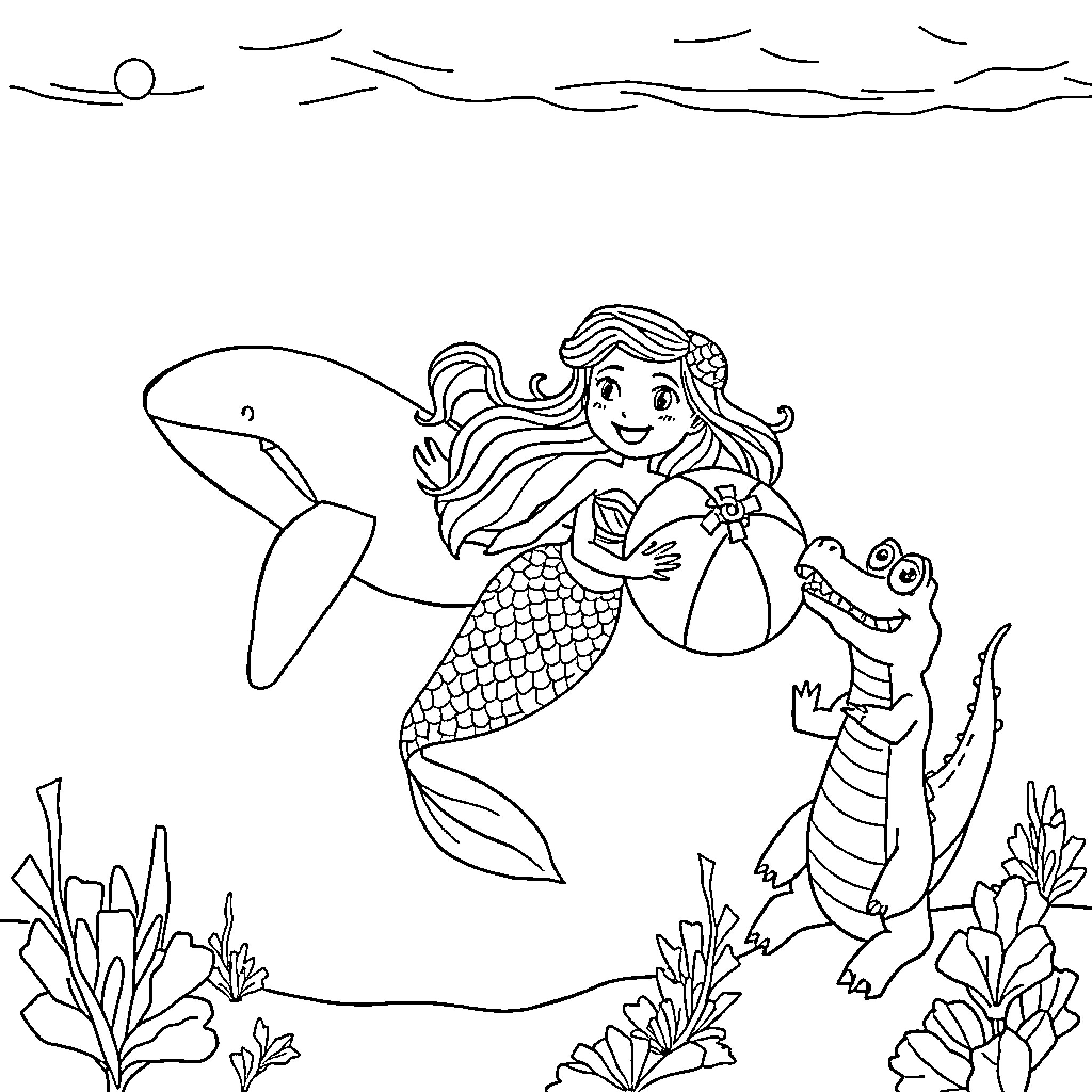 Mermaid playing with friendly sea creature Coloring Page (free black-and-white line drawing printable PDF for all, from beginners to advanced learners, including children, teens, adults, and seniors)