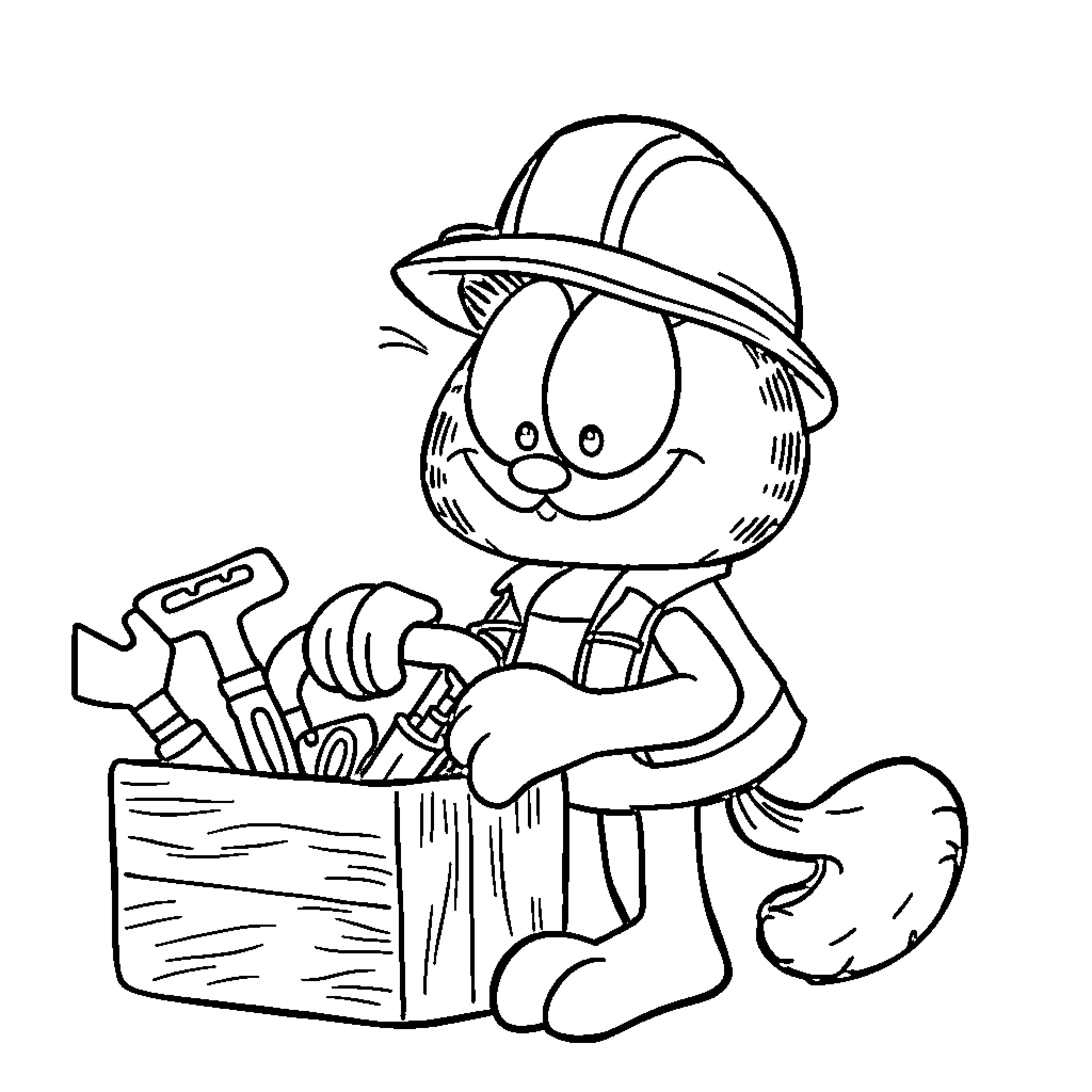 Garfield as a Handy Repairman with Tools Coloring Page (free black-and-white line drawing printable PDF for all, from beginners to advanced learners, including children, teens, adults, and seniors)