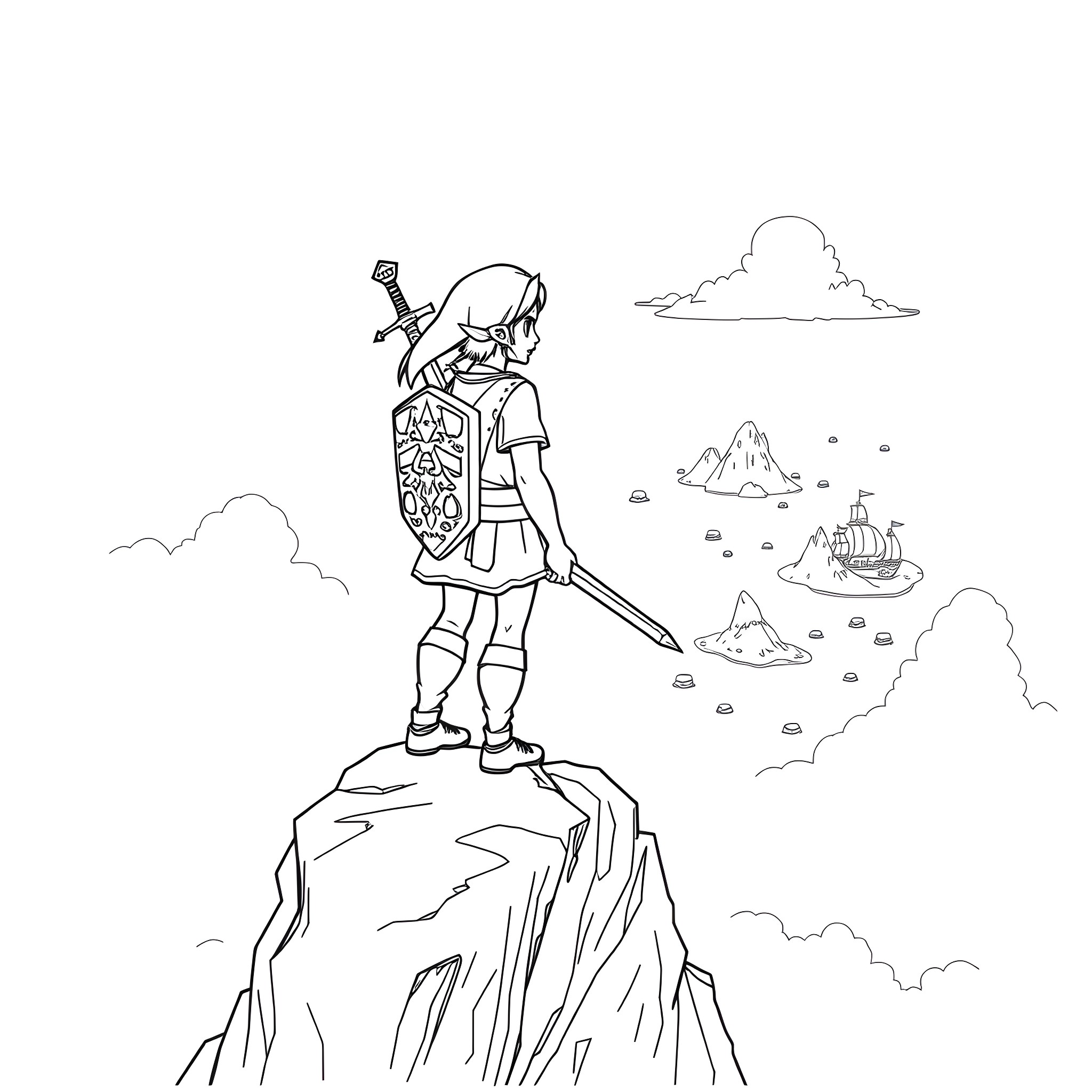 Link exploring vast landscapes with sword and shield Coloring Page (free black-and-white line drawing printable PDF for all, from beginners to advanced learners, including children, teens, adults, and seniors)