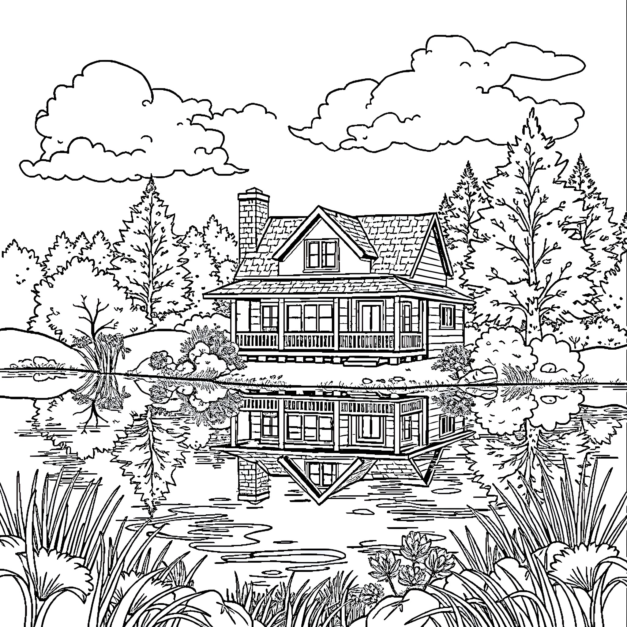 House by the lake with natural scenery Coloring Page (free black-and-white line drawing printable PDF for all, from beginners to advanced learners, including children, teens, adults, and seniors)