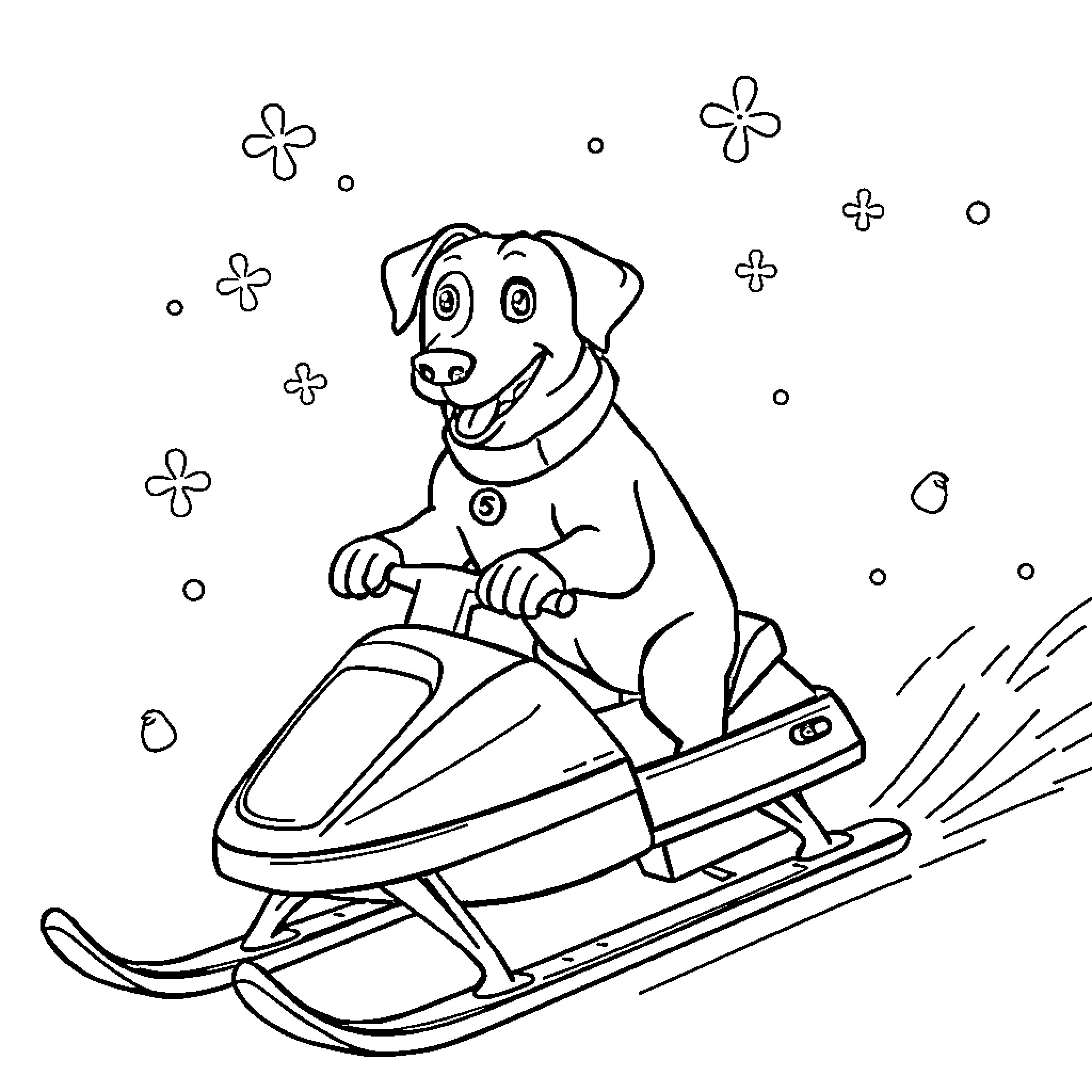 Labrador riding a snowmobile with flowers Coloring Page (free black-and-white line drawing printable PDF for all, from beginners to advanced learners, including children, teens, adults, and seniors)