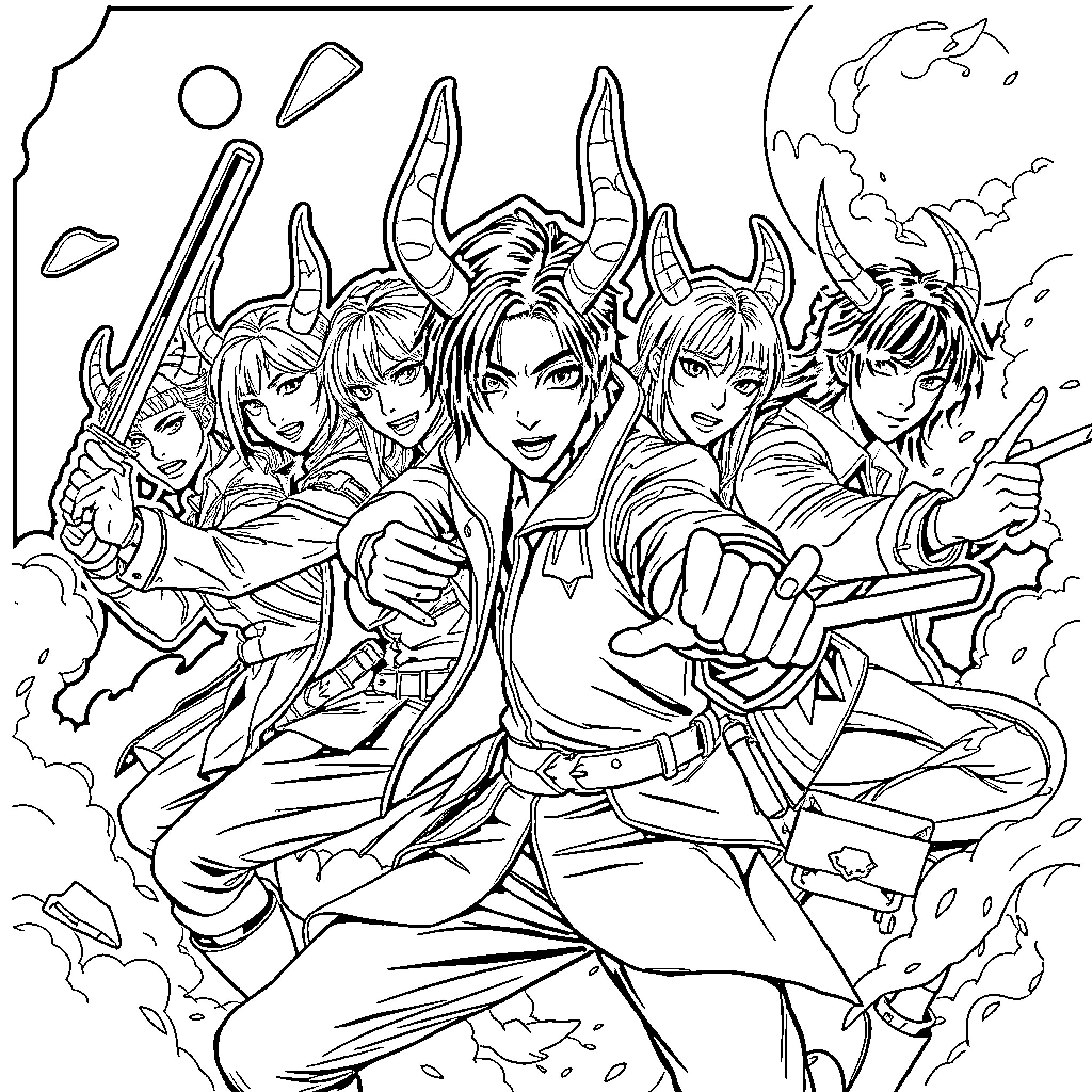 Kpop Demon Hunter: Stylized warriors in action-packed battle Coloring Page (free black-and-white line drawing printable PDF for all, from beginners to advanced learners, including children, teens, adults, and seniors)