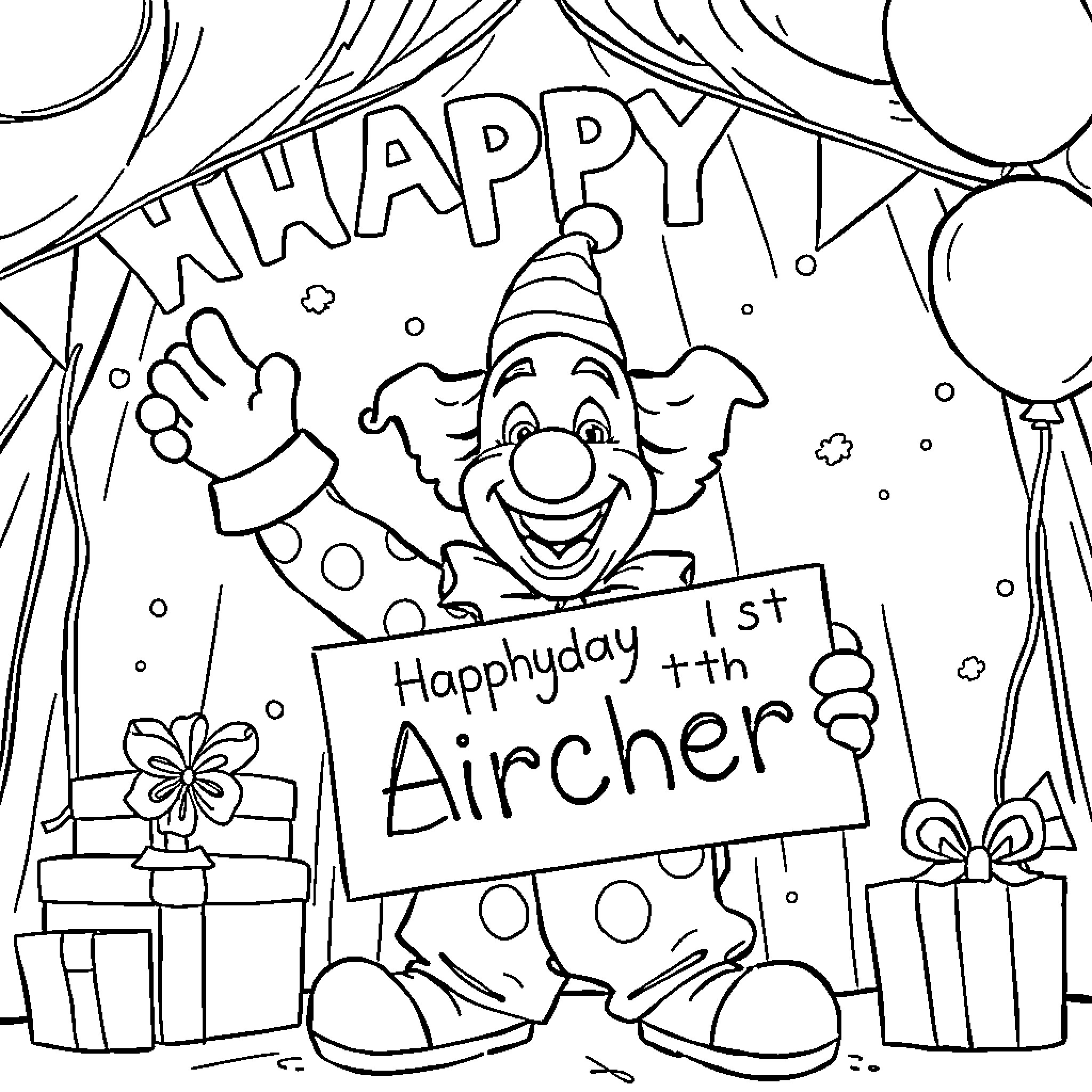 Pickle Clown's Happy Birthday Celebration Coloring Page (free black-and-white line drawing printable PDF for all, from beginners to advanced learners, including children, teens, adults, and seniors)