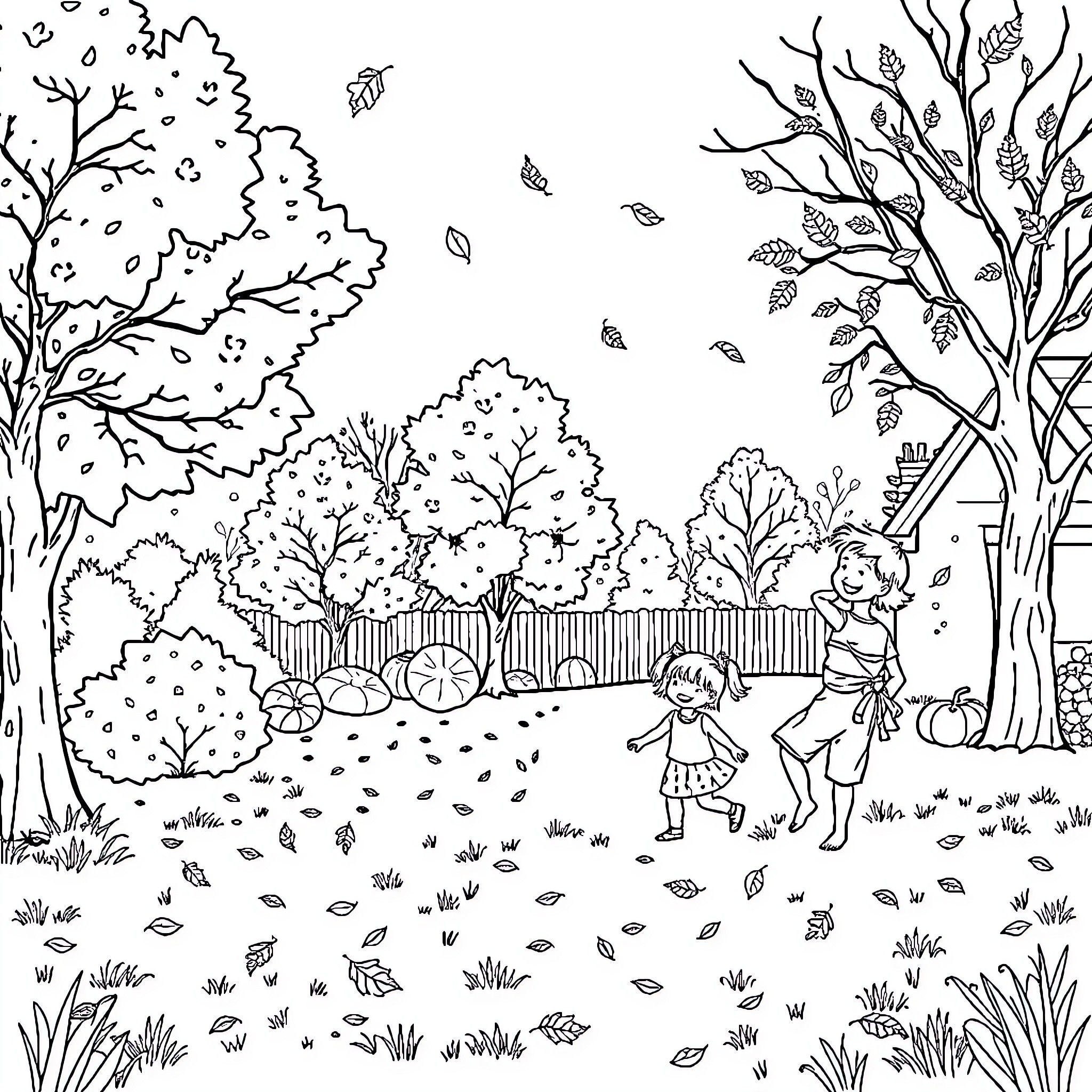 Tree-lined Autumn Playground with Playing Children Coloring Page (free black-and-white line drawing printable PDF for all, from beginners to advanced learners, including children, teens, adults, and seniors)