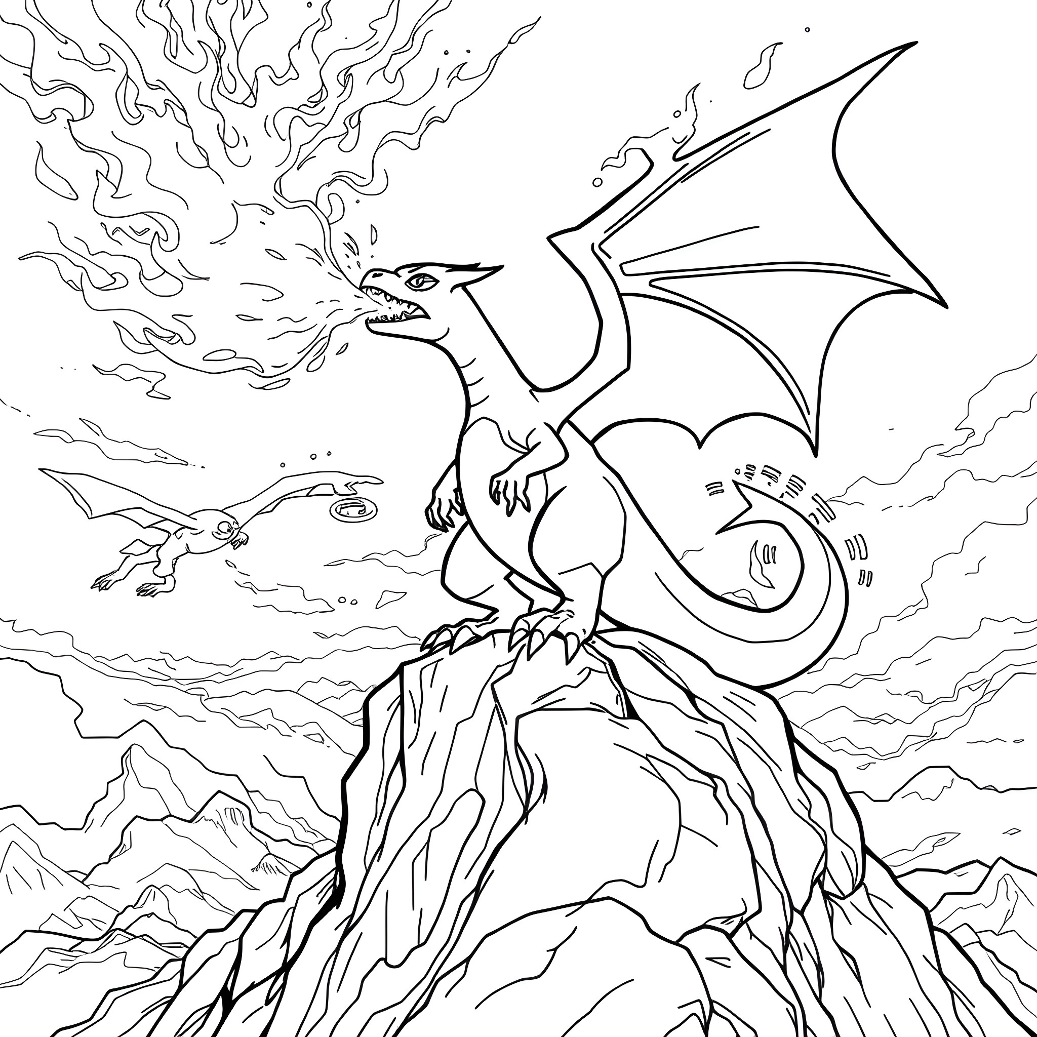Charizard unleashing powerful flames on a rocky mountain Coloring Page (free black-and-white line drawing printable PDF for all, from beginners to advanced learners, including children, teens, adults, and seniors)
