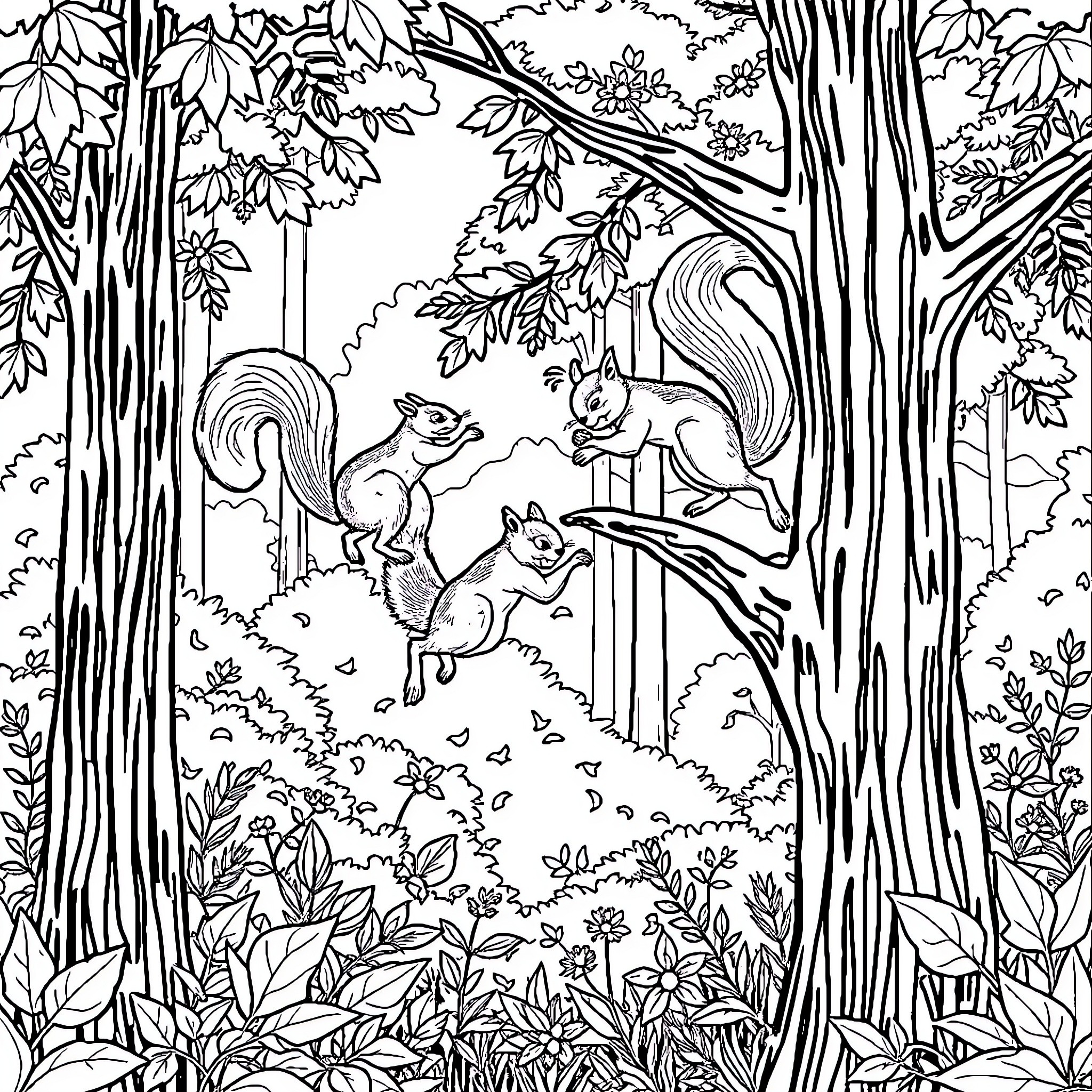 Squirrels playing joyfully in the lush forest Coloring Page (free black-and-white line drawing printable PDF for all, from beginners to advanced learners, including children, teens, adults, and seniors)