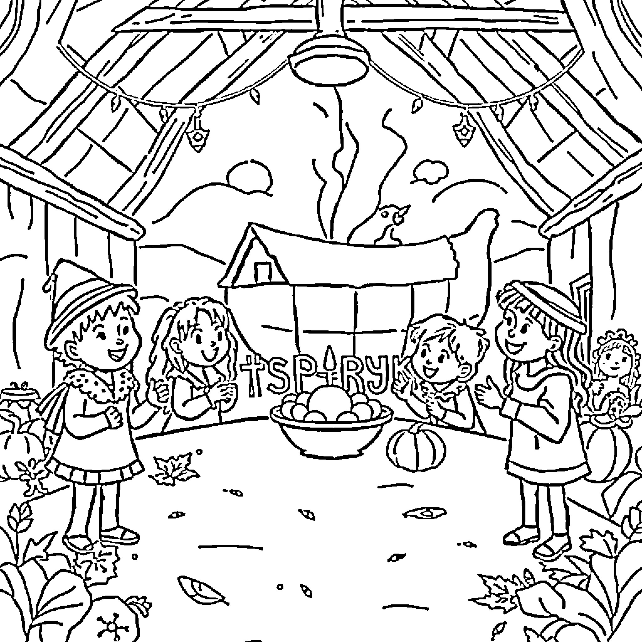 Ark of friends gathered for celebration Coloring Page (free black-and-white line drawing printable PDF for all, from beginners to advanced learners, including children, teens, adults, and seniors)