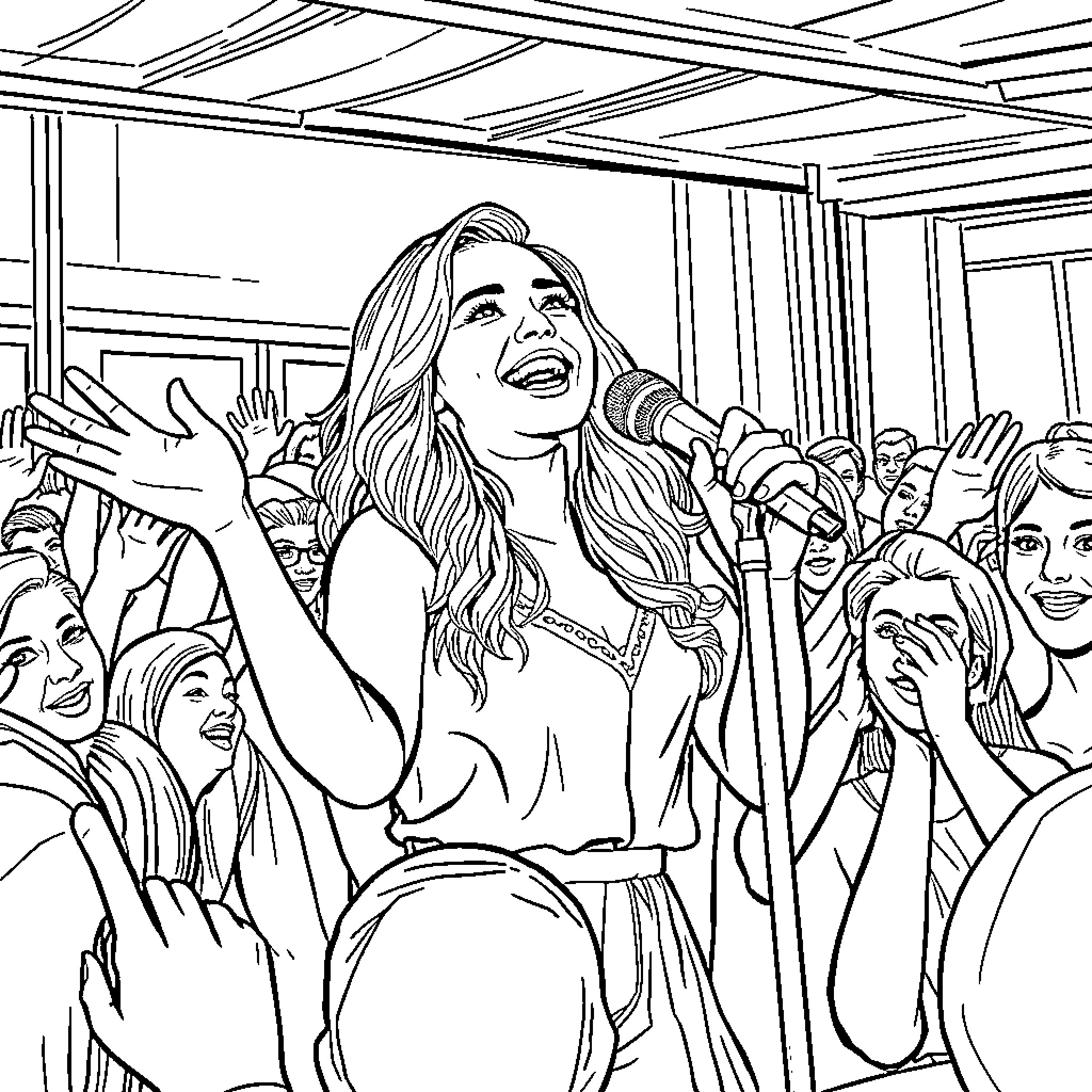 Sabrina Carpenter performing on stage with enthusiastic fans Coloring Page (free black-and-white line drawing printable PDF for all, from beginners to advanced learners, including children, teens, adults, and seniors)