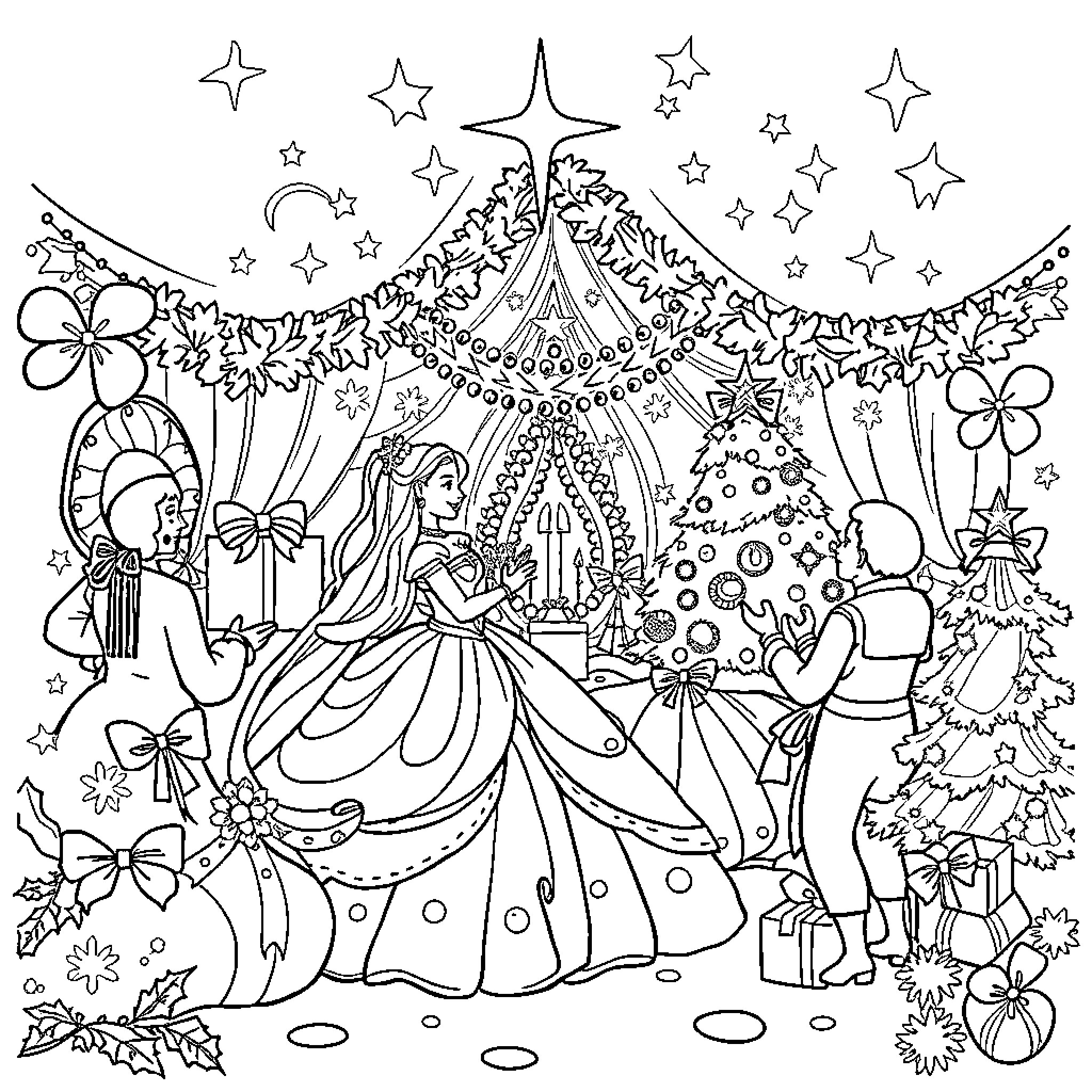 Princess enjoying a festive winter wonderland scene Coloring Page (free black-and-white line drawing printable PDF for all, from beginners to advanced learners, including children, teens, adults, and seniors)