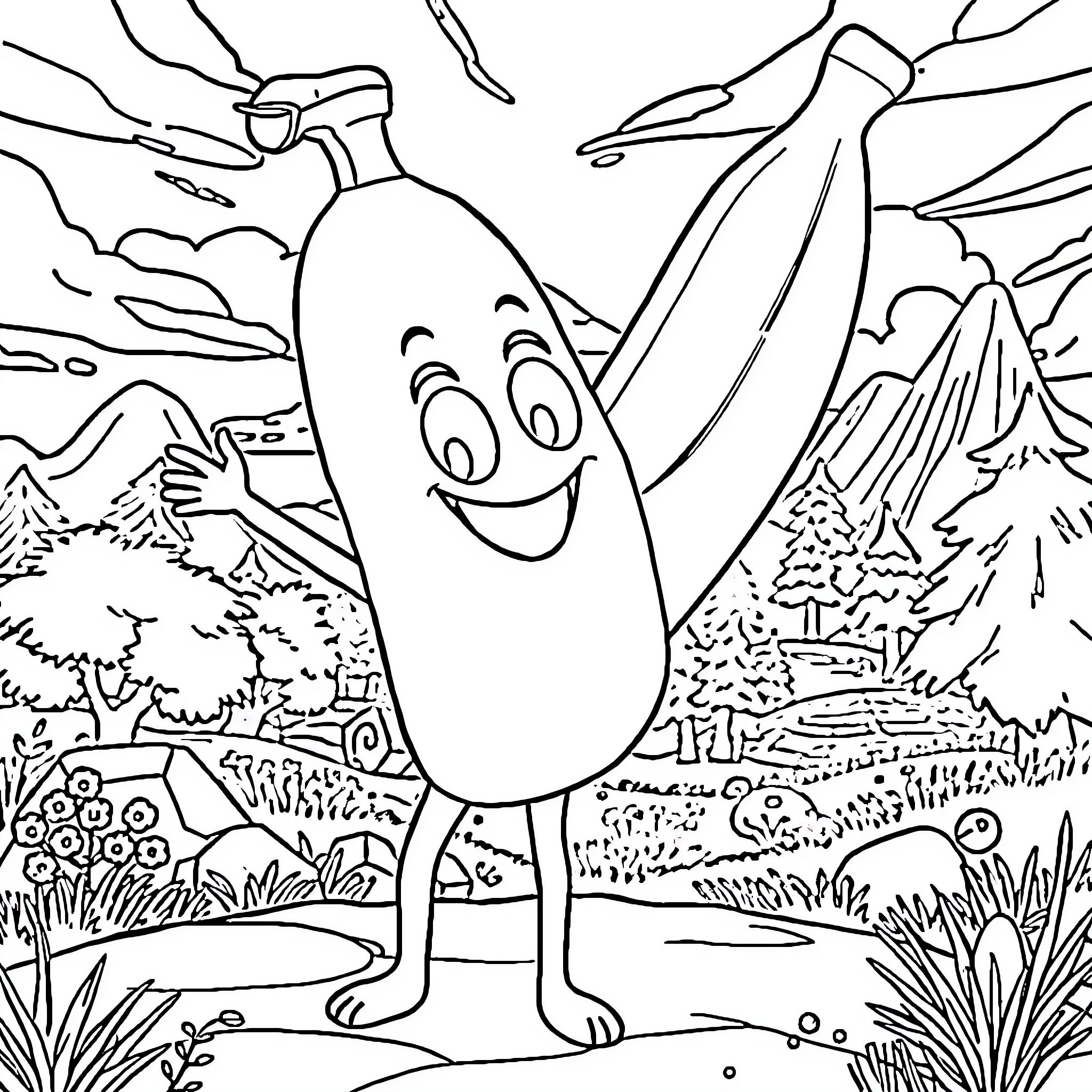Peely's Joyful Outdoor Adventure Coloring Page (free black-and-white line drawing printable PDF for all, from beginners to advanced learners, including children, teens, adults, and seniors)
