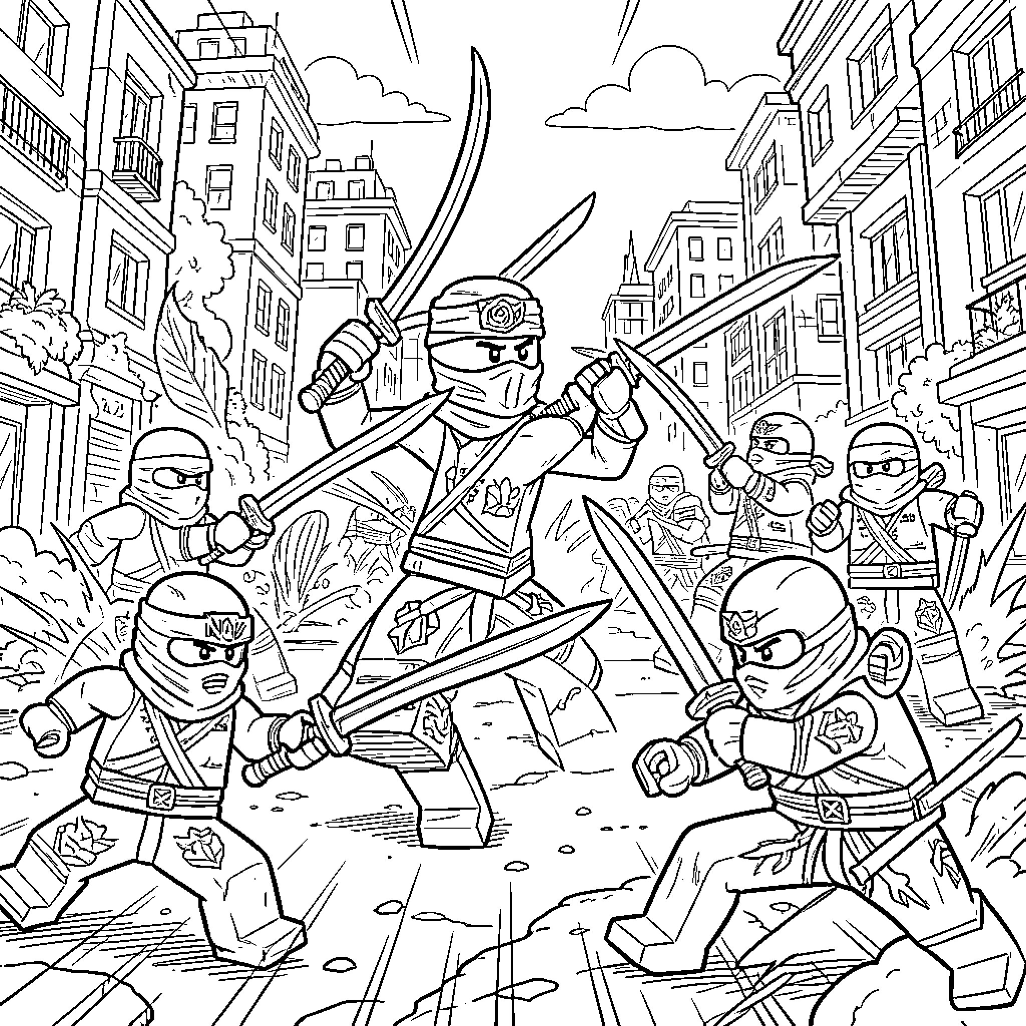 Lego Ninjago warriors fighting with swords in a city Coloring Page (free black-and-white line drawing printable PDF for all, from beginners to advanced learners, including children, teens, adults, and seniors)