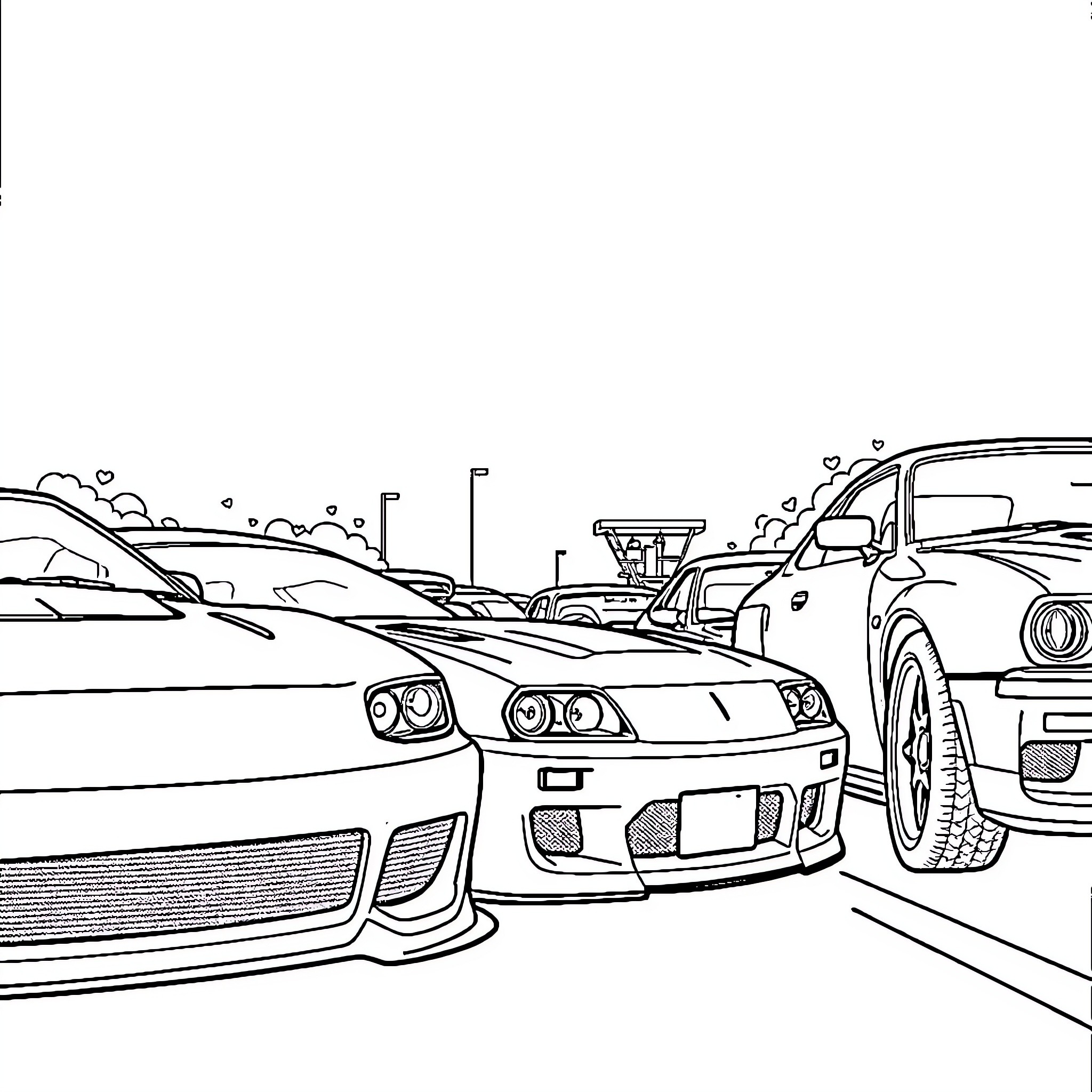 Car race on the track with racing vehicles Coloring Page (free black-and-white line drawing printable PDF for all, from beginners to advanced learners, including children, teens, adults, and seniors)