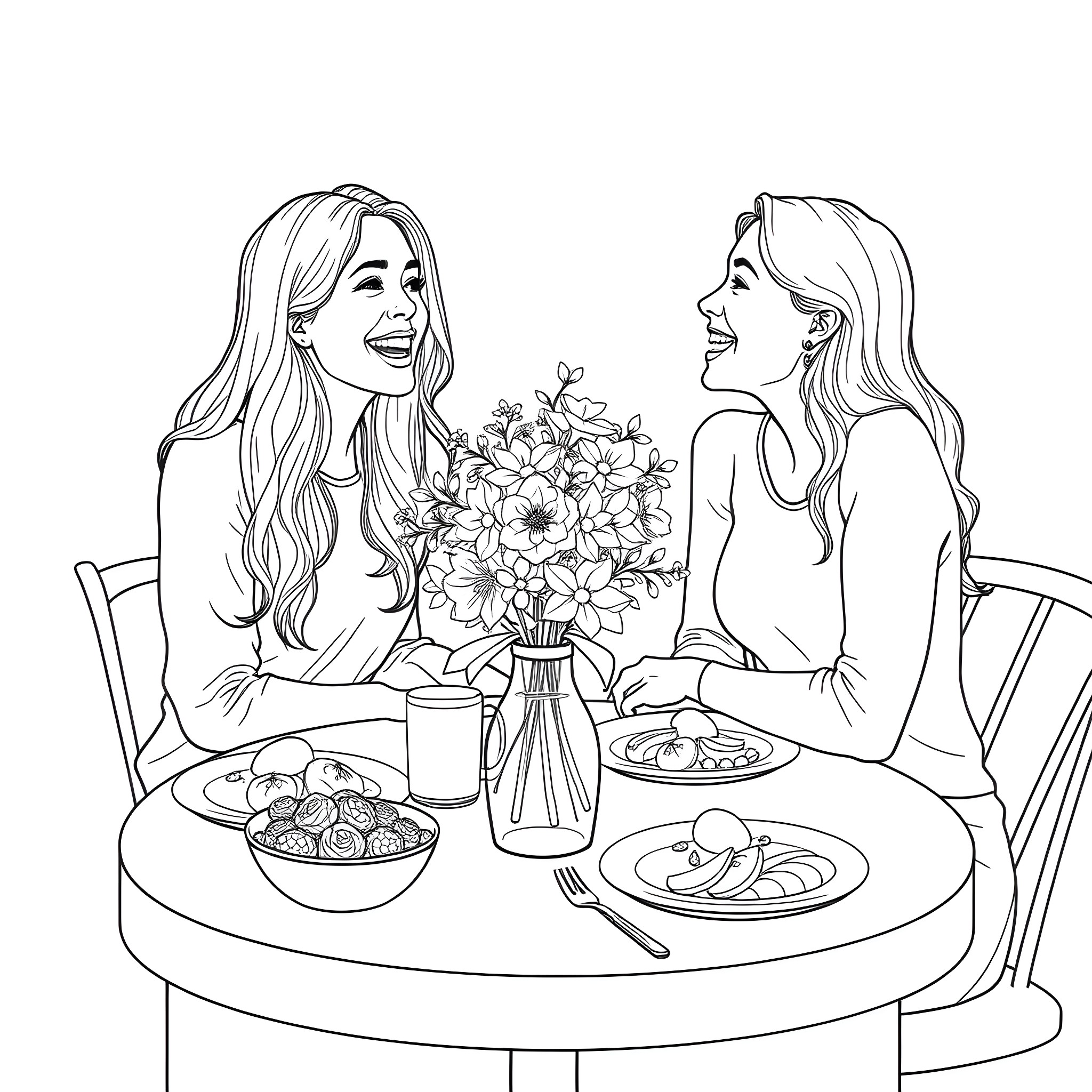 Woman enjoying a meal with a friend Coloring Page (free black-and-white line drawing printable PDF for all, from beginners to advanced learners, including children, teens, adults, and seniors)