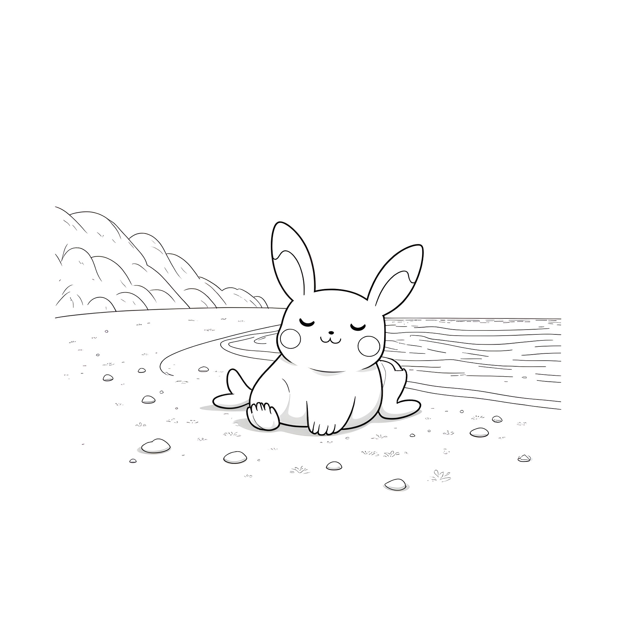 Pokémon bunny relaxing by the beach Coloring Page (free black-and-white line drawing printable PDF for all, from beginners to advanced learners, including children, teens, adults, and seniors)
