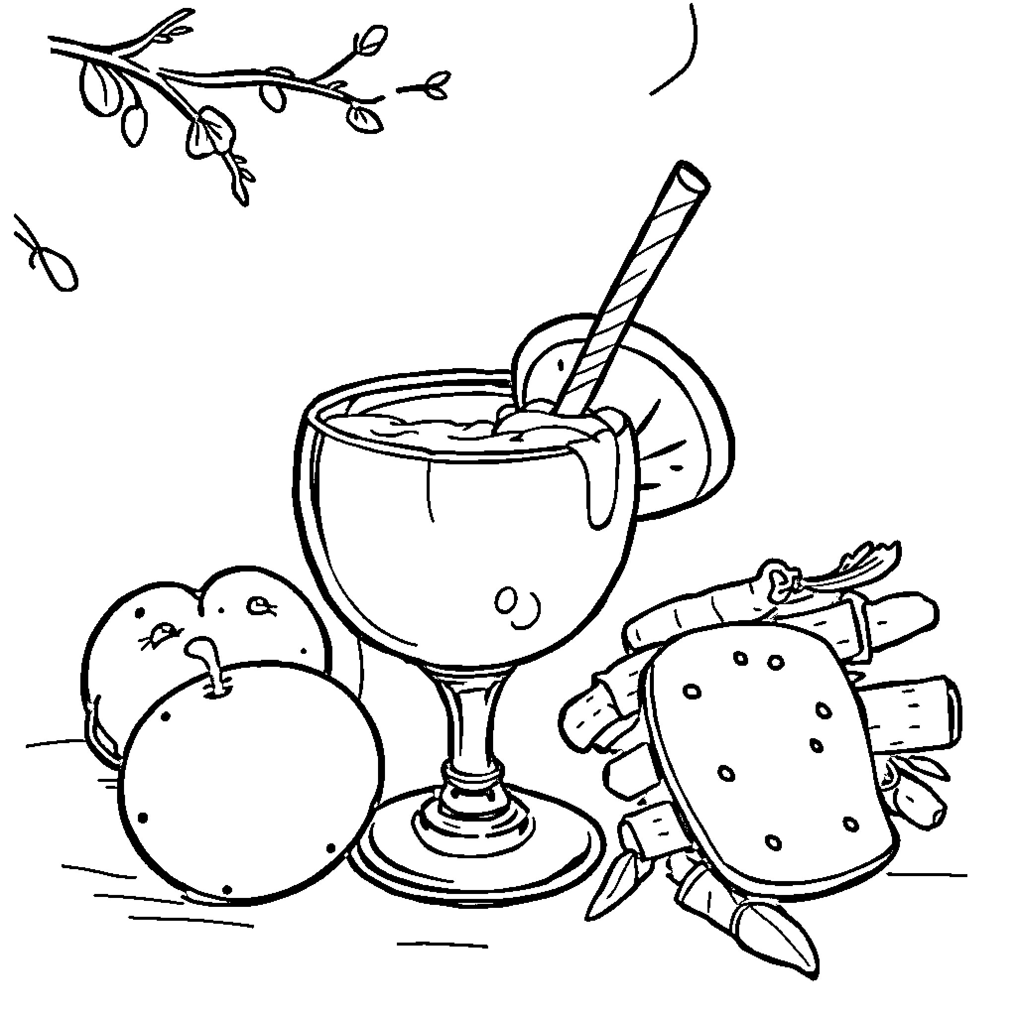 Mushroom-themed beverage and snacks Coloring Page (free black-and-white line drawing printable PDF for all, from beginners to advanced learners, including children, teens, adults, and seniors)