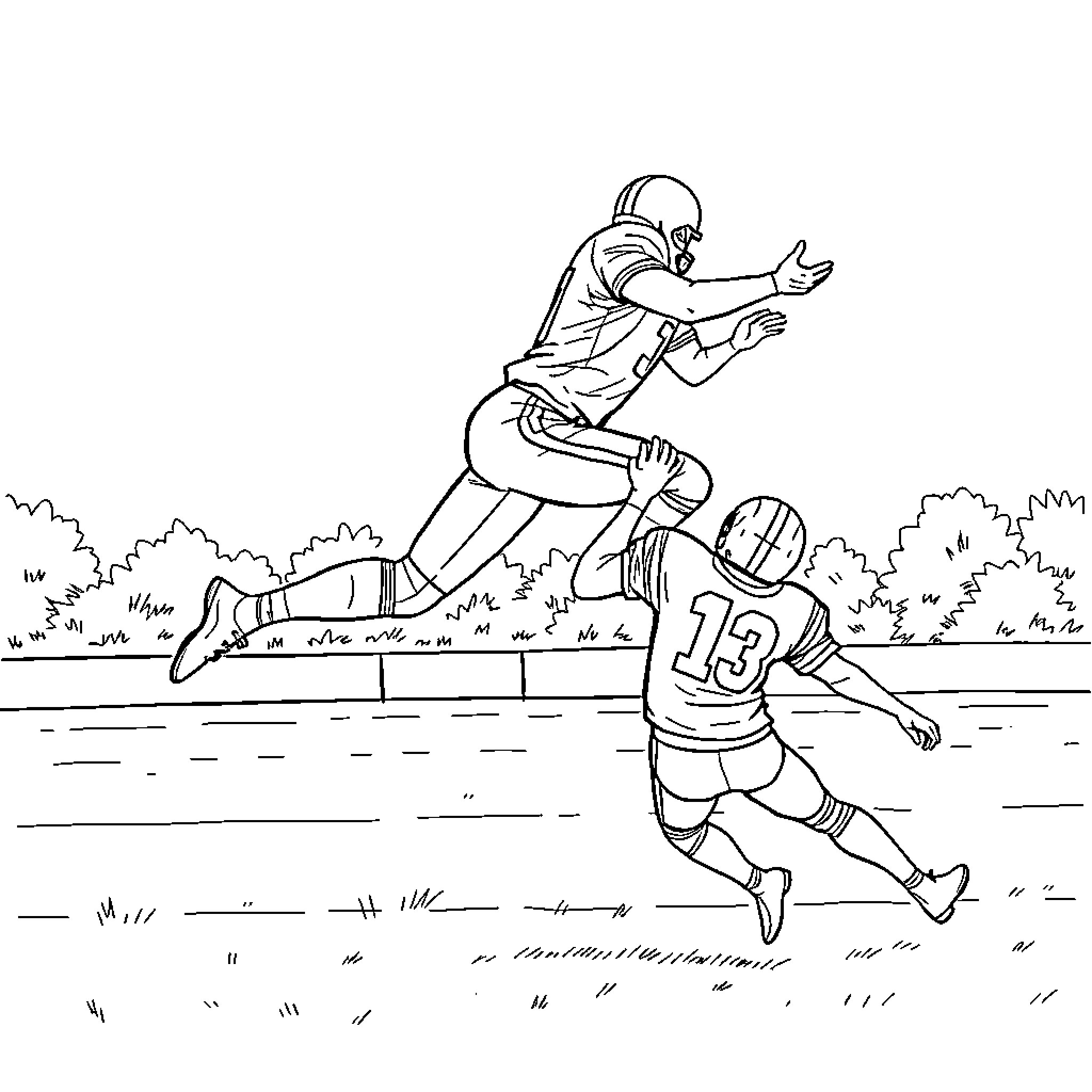 Football Players Engaged in Intense Tackle on the Field Coloring Page (free black-and-white line drawing printable PDF for all, from beginners to advanced learners, including children, teens, adults, and seniors)