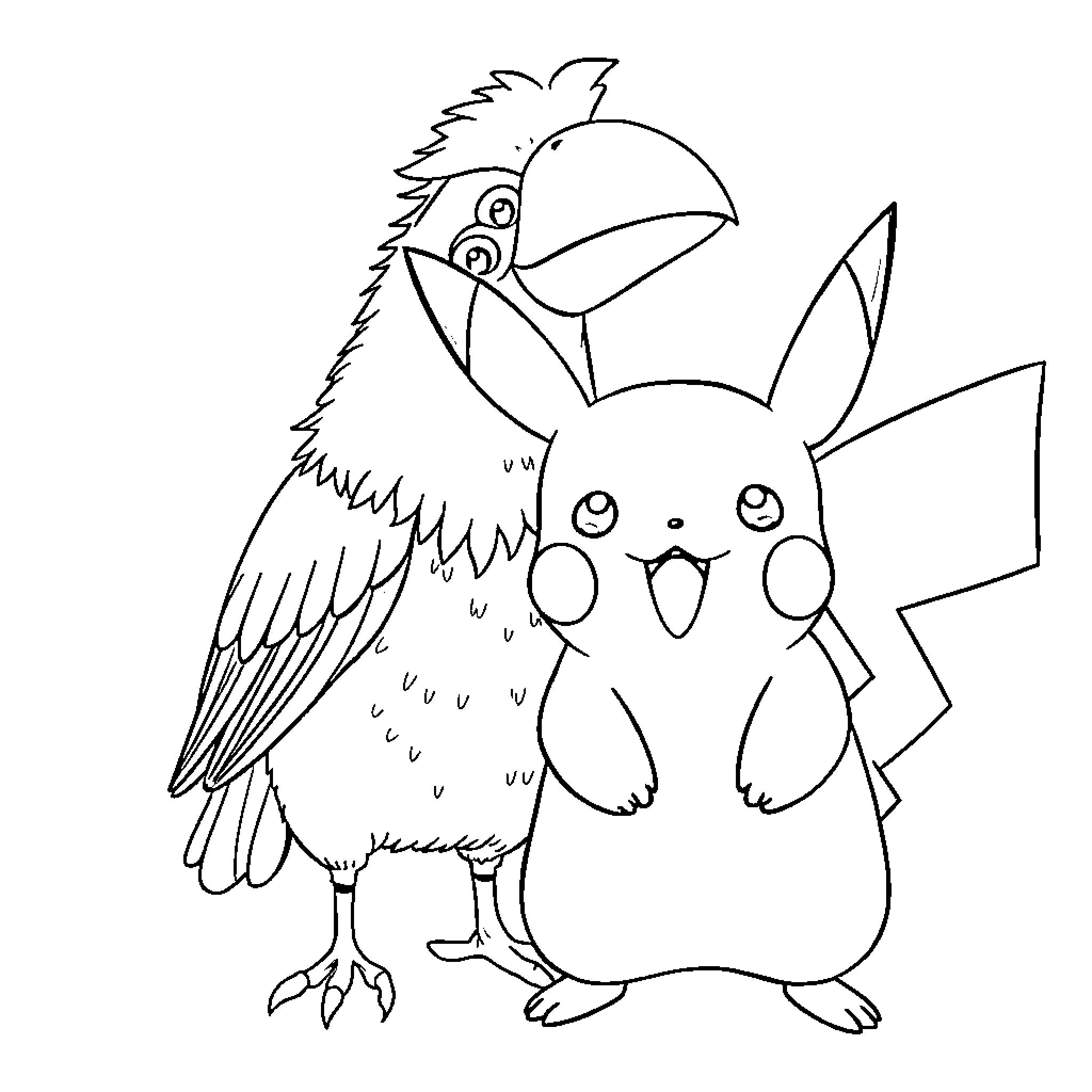 Pikachu and a Friendly Parrot Coloring Page (free black-and-white line drawing printable PDF for all, from beginners to advanced learners, including children, teens, adults, and seniors)