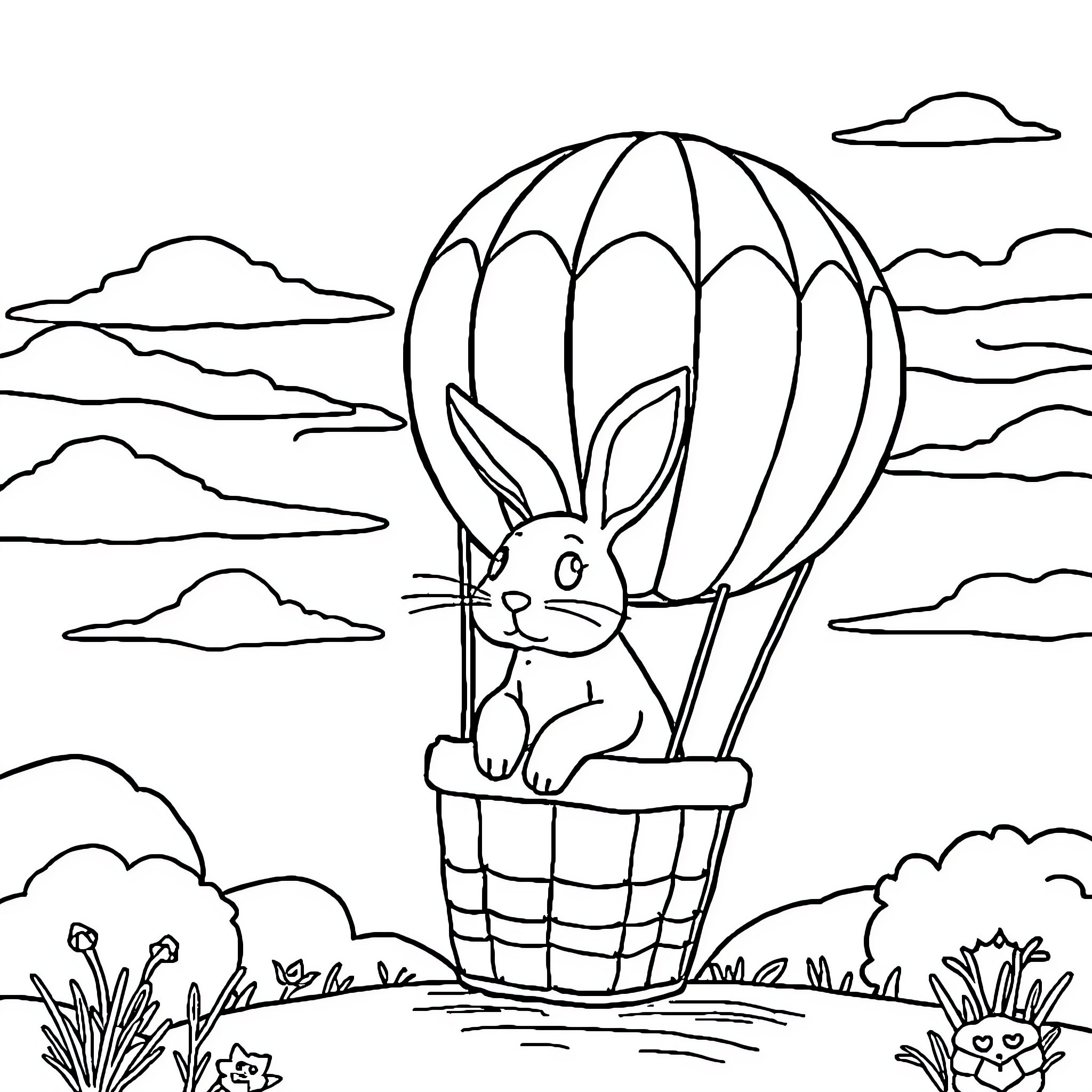 Rabbit soaring in a hot air balloon over the clouds Coloring Page (free black-and-white line drawing printable PDF for all, from beginners to advanced learners, including children, teens, adults, and seniors)