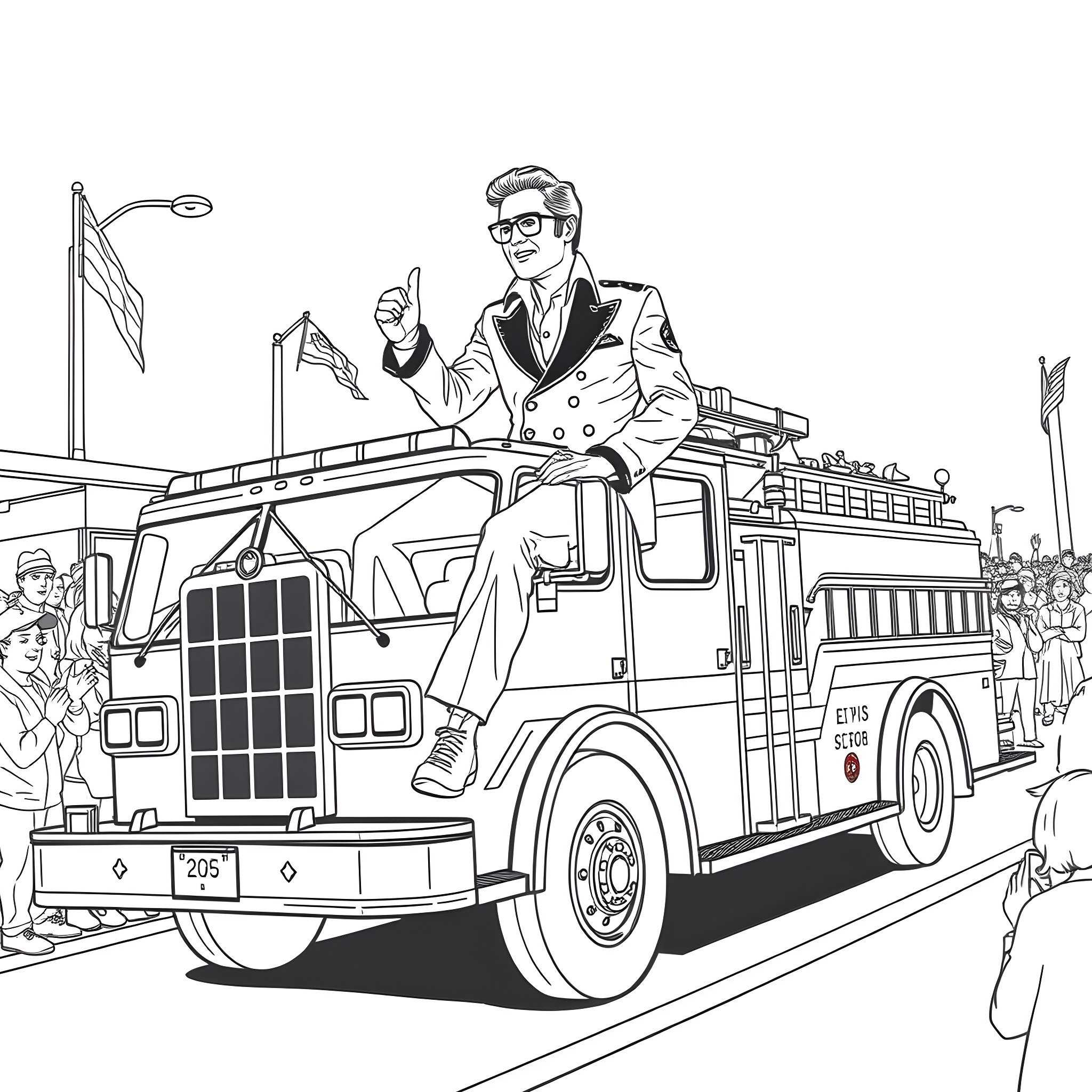 Elvis graces the streets in a fire truck parade Coloring Page (free black-and-white line drawing printable PDF for all, from beginners to advanced learners, including children, teens, adults, and seniors)