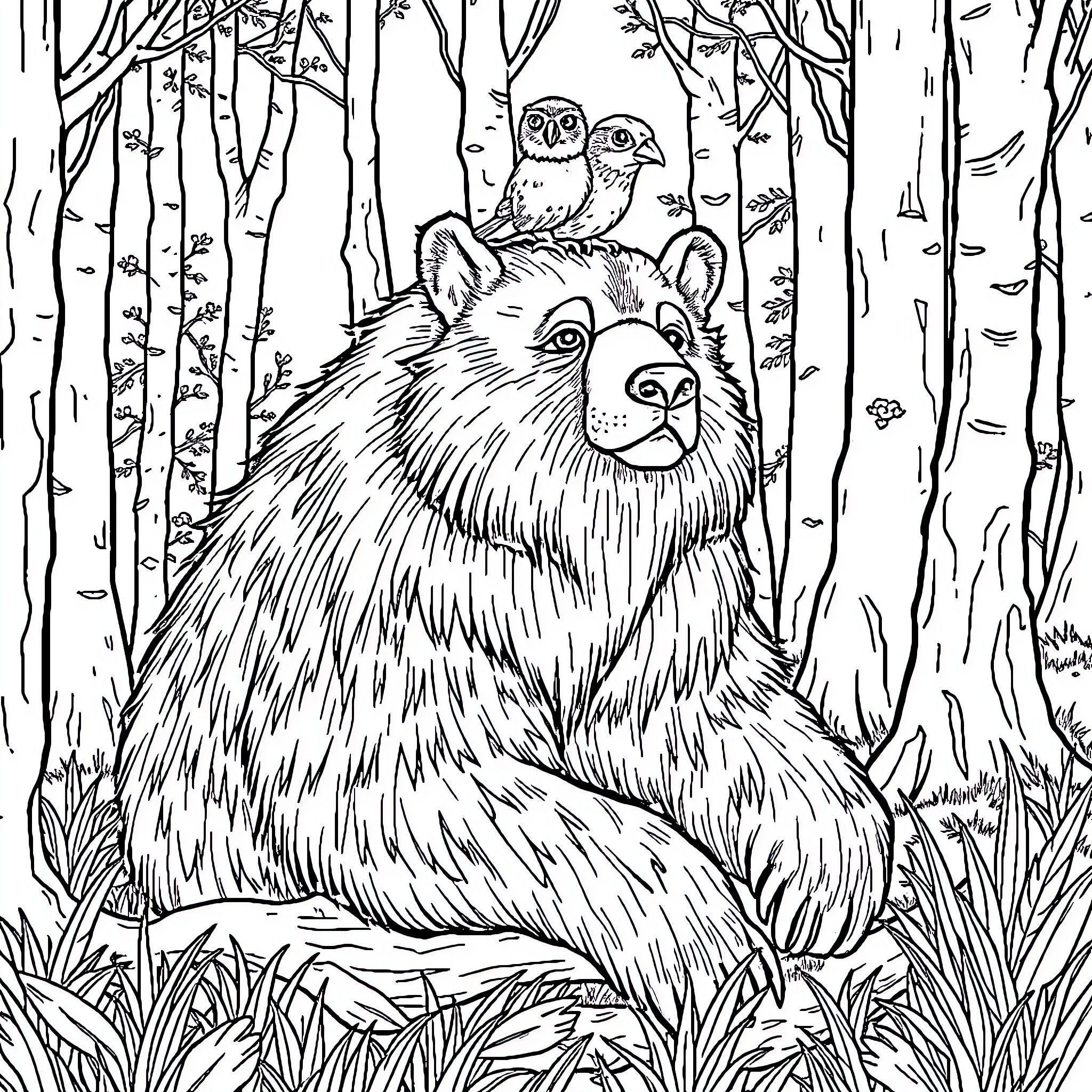 Bear Relaxing with Owls in Forested Scene Coloring Page (free black-and-white line drawing printable PDF for all, from beginners to advanced learners, including children, teens, adults, and seniors)