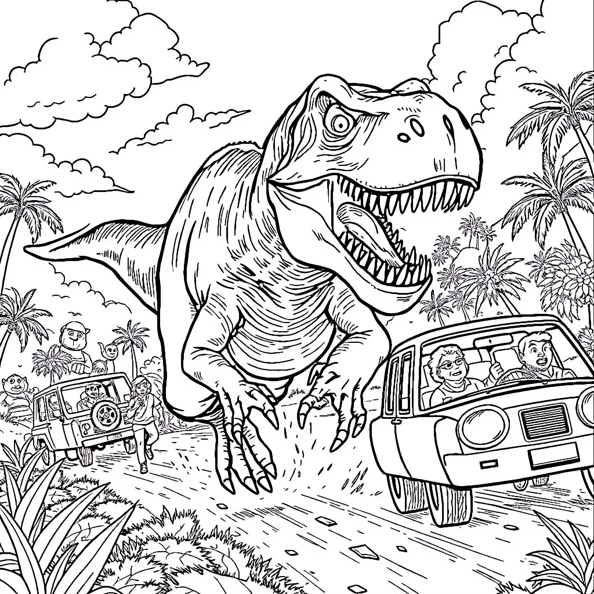Indominus Rex Rampages Through Jurassic Landscape Coloring Page (free black-and-white line drawing printable PDF for all, from beginners to advanced learners, including children, teens, adults, and seniors)