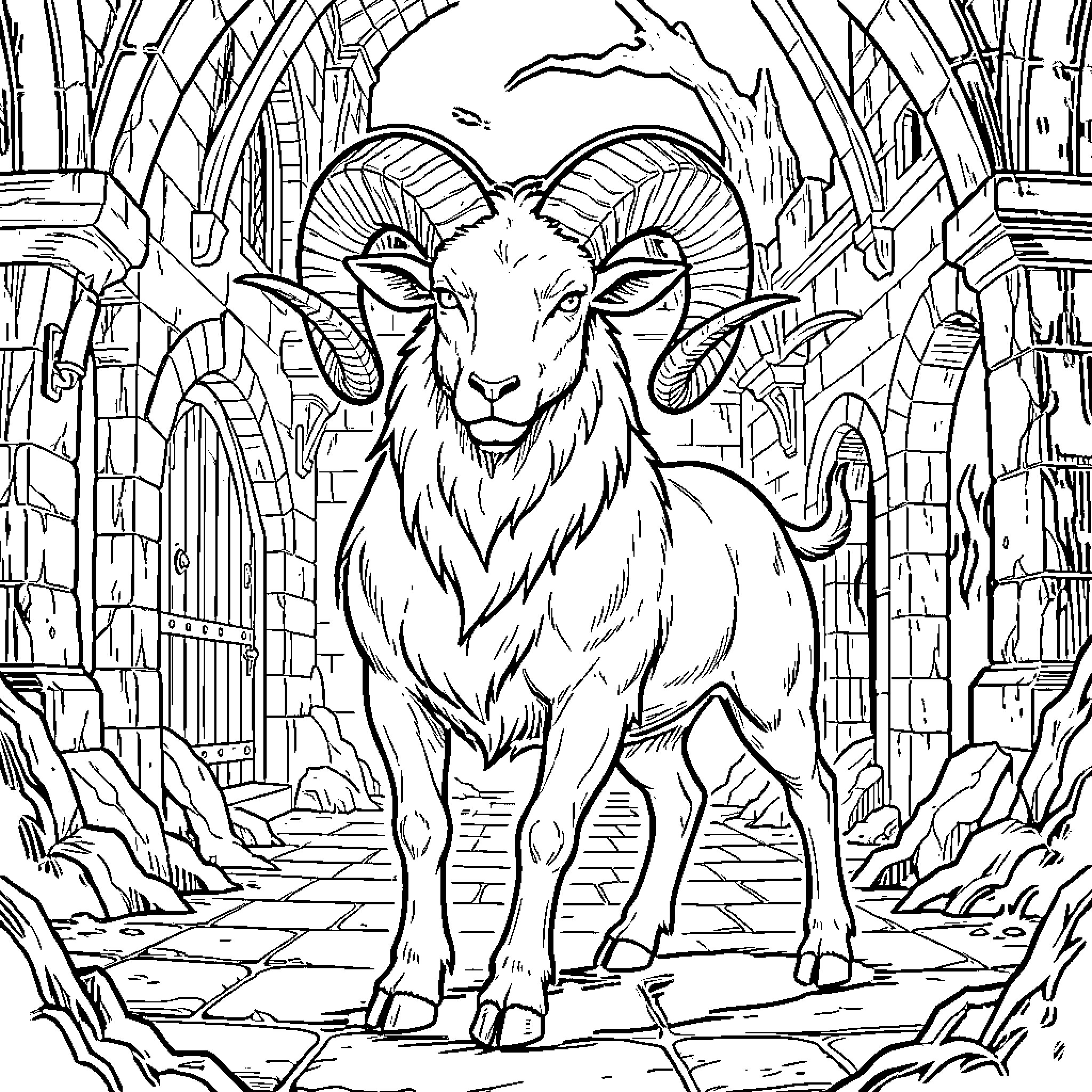 Aries ram standing majestically in a stone corridor Coloring Page (free black-and-white line drawing printable PDF for all, from beginners to advanced learners, including children, teens, adults, and seniors)