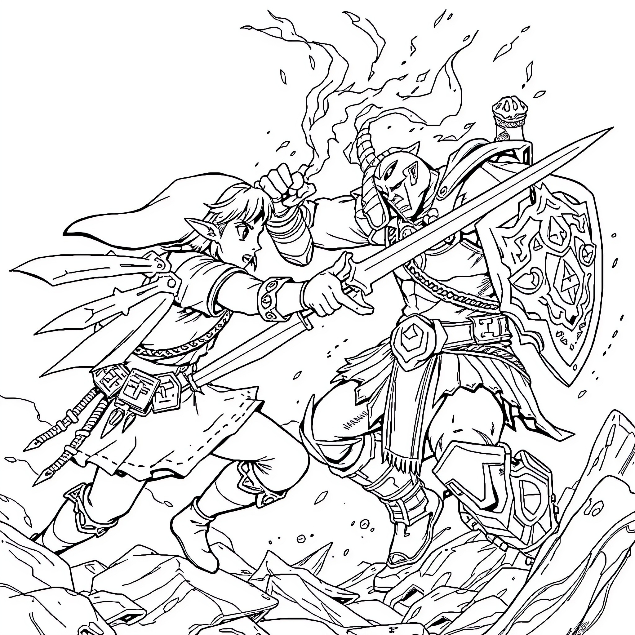 Link engaging in intense battle with shield and sword Coloring Page (free black-and-white line drawing printable PDF for all, from beginners to advanced learners, including children, teens, adults, and seniors)