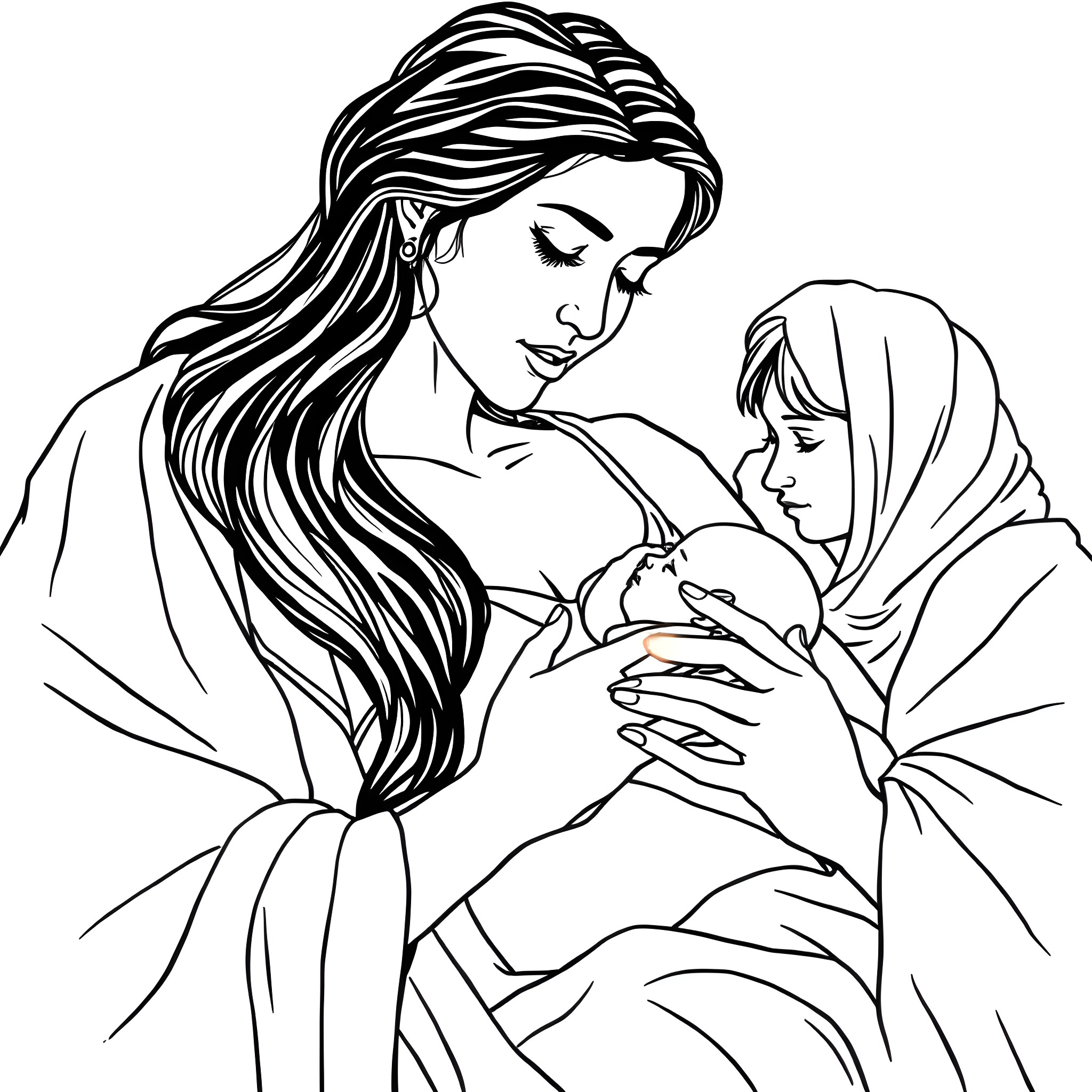 Woman holding baby in caring embrace Coloring Page (free black-and-white line drawing printable PDF for all, from beginners to advanced learners, including children, teens, adults, and seniors)