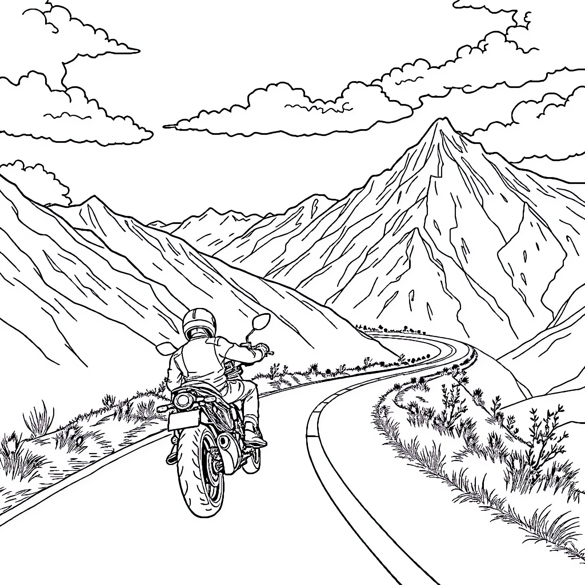 Moto journey through the scenic mountain landscape Coloring Page (free black-and-white line drawing printable PDF for all, from beginners to advanced learners, including children, teens, adults, and seniors)