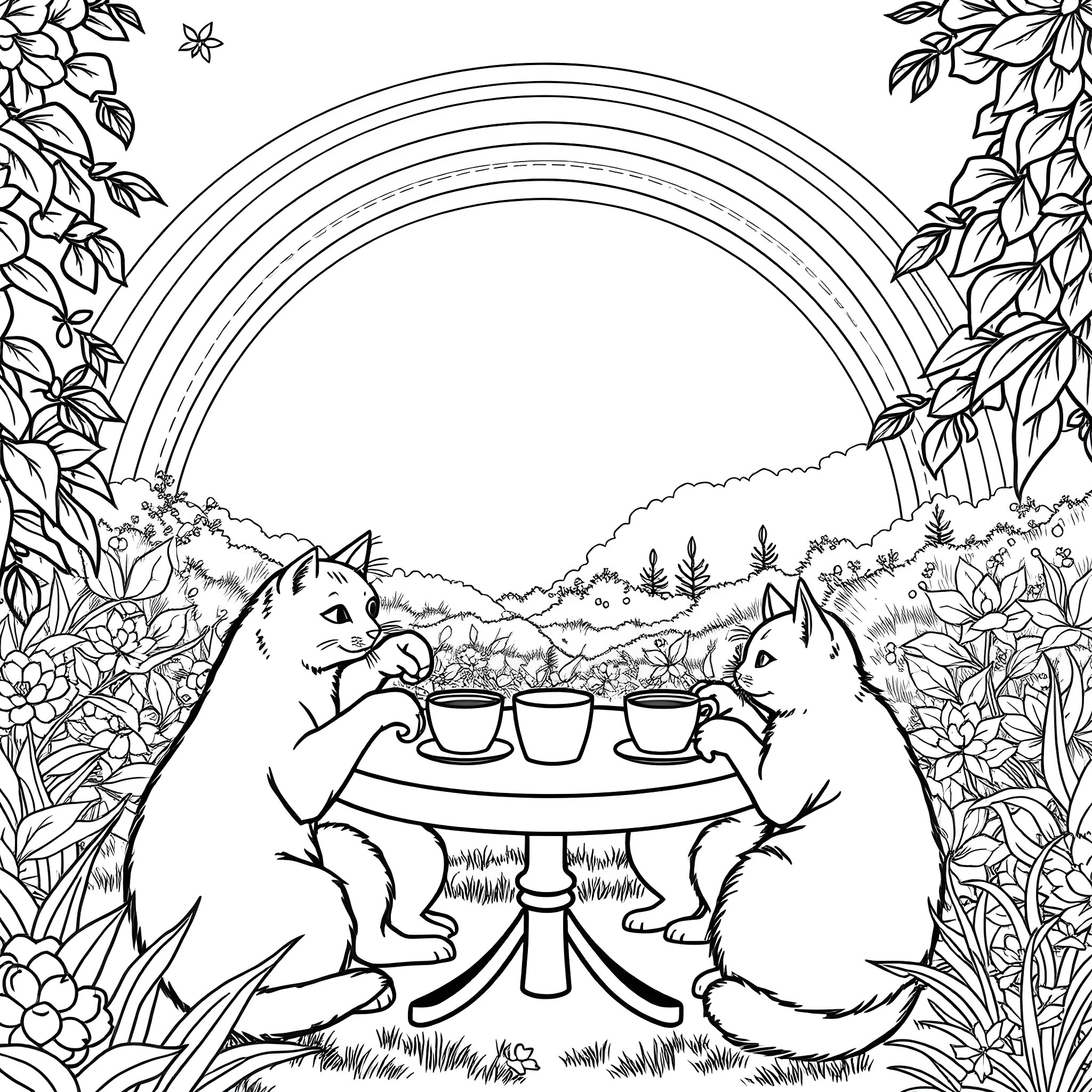 Cats having tea party in nature Coloring Page (free black-and-white line drawing printable PDF for all, from beginners to advanced learners, including children, teens, adults, and seniors)