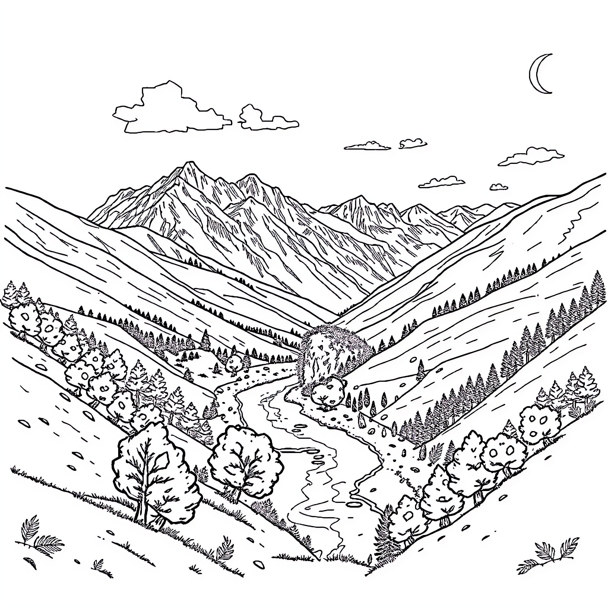 Valley of Serene Mountain Landscapes Coloring Page (free black-and-white line drawing printable PDF for all, from beginners to advanced learners, including children, teens, adults, and seniors)