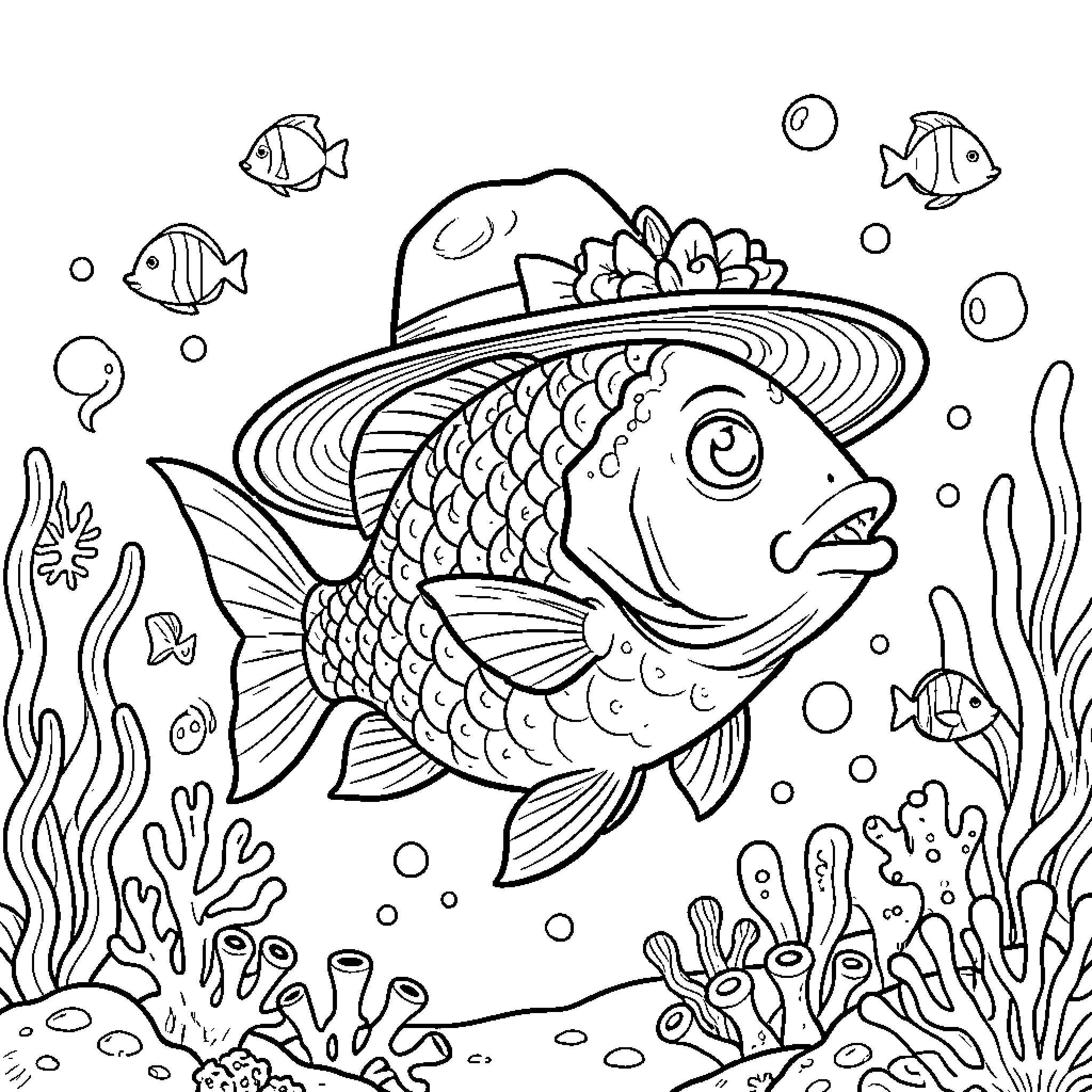Fish swimming gracefully in underwater scene Coloring Page (free black-and-white line drawing printable PDF for all, from beginners to advanced learners, including children, teens, adults, and seniors)
