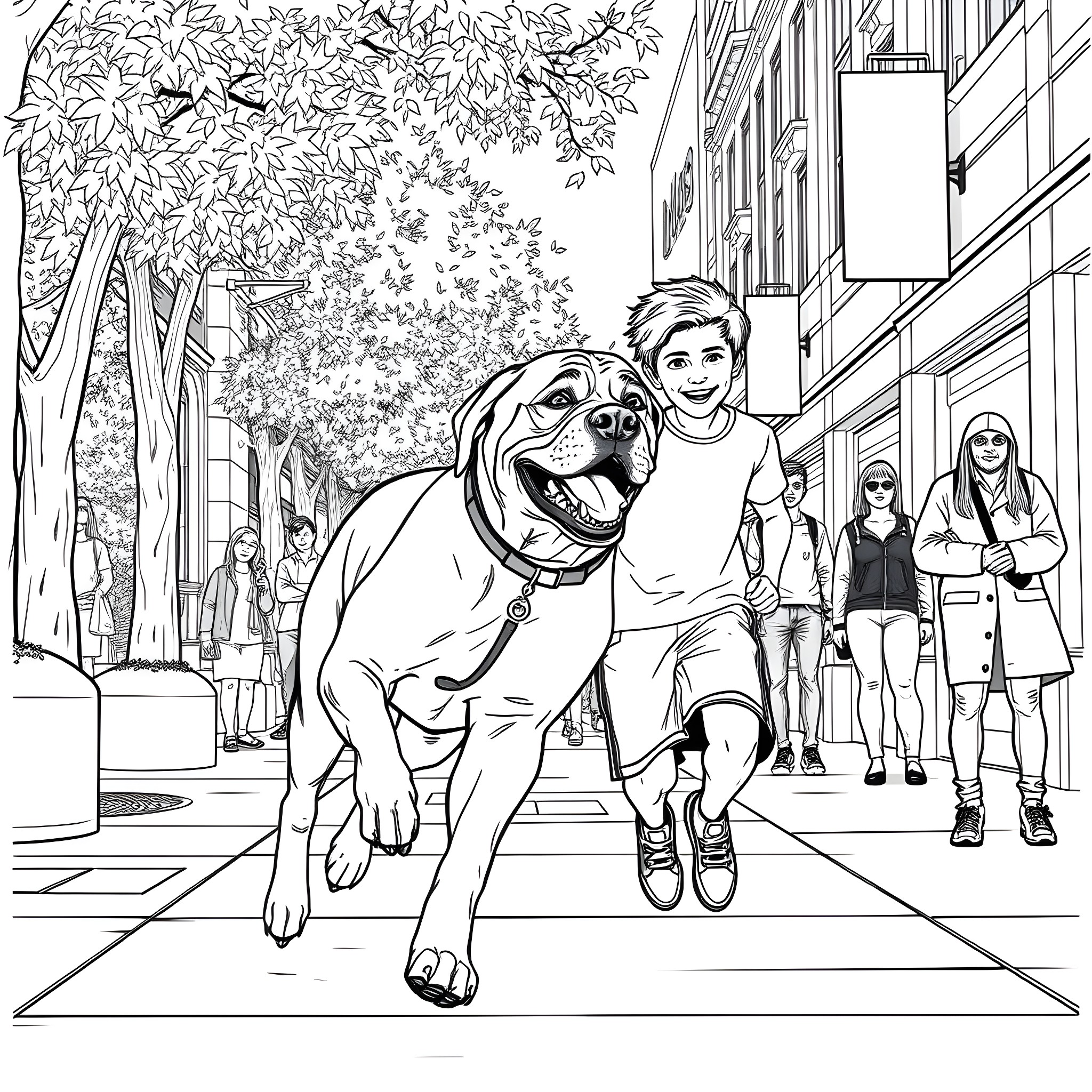 Mastiff playing happily with its owner on a city street Coloring Page (free black-and-white line drawing printable PDF for all, from beginners to advanced learners, including children, teens, adults, and seniors)