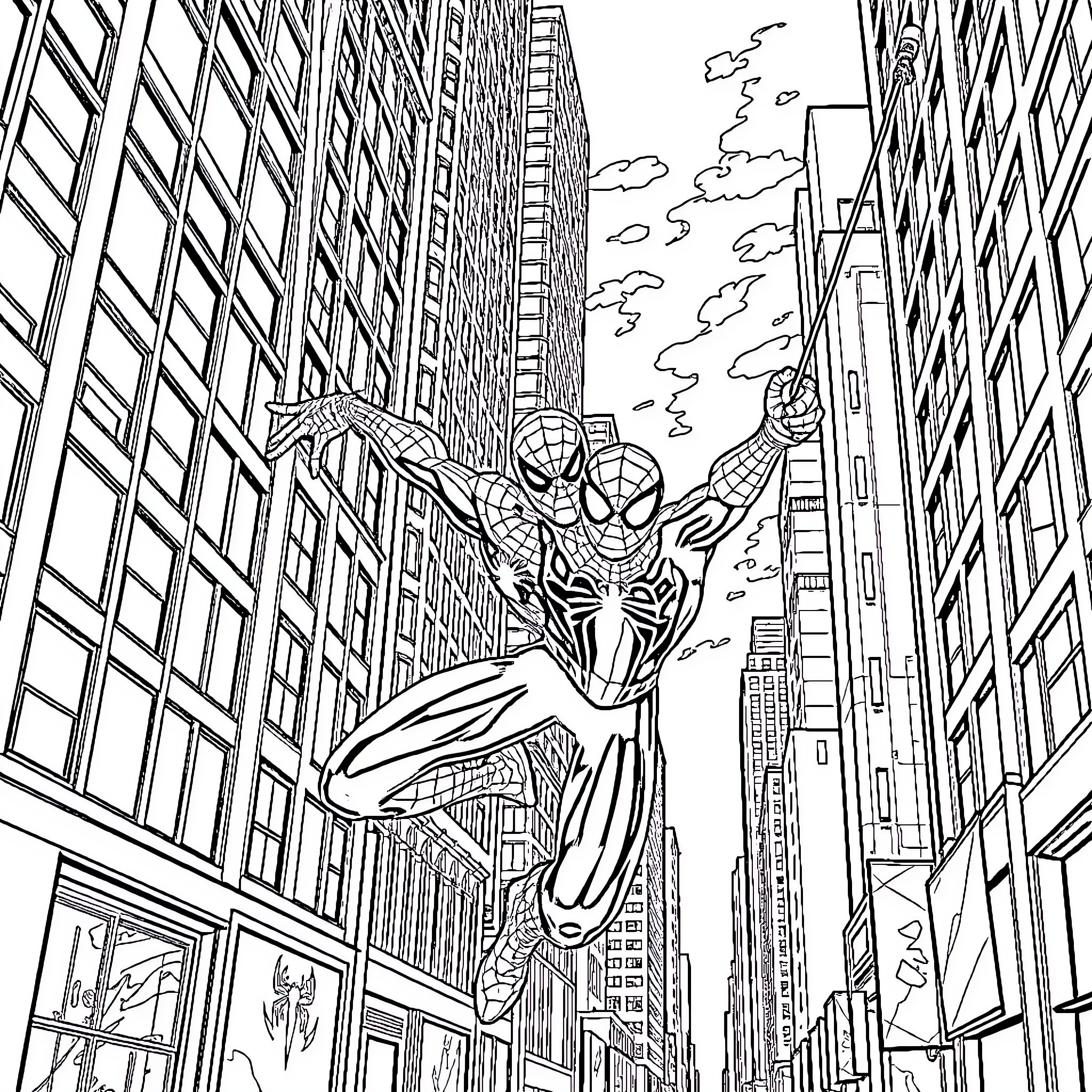 Spider-Man swinging through a bustling city skyline Coloring Page (free black-and-white line drawing printable PDF for all, from beginners to advanced learners, including children, teens, adults, and seniors)