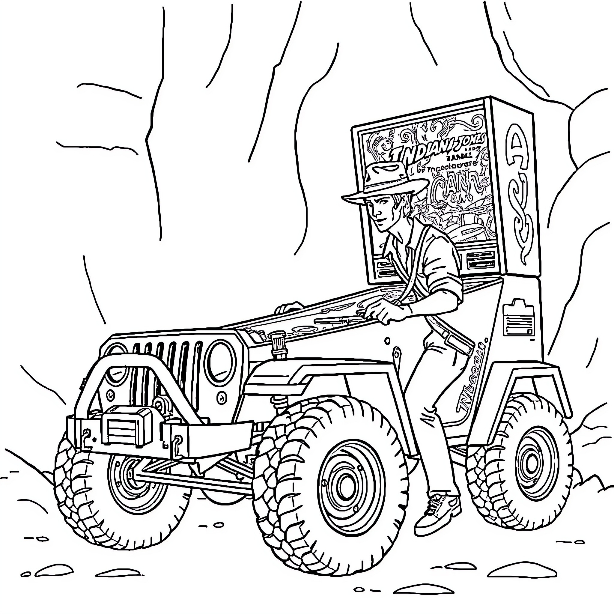 Indiana Jones exploring with his rugged vehicle Coloring Page (free black-and-white line drawing printable PDF for all, from beginners to advanced learners, including children, teens, adults, and seniors)