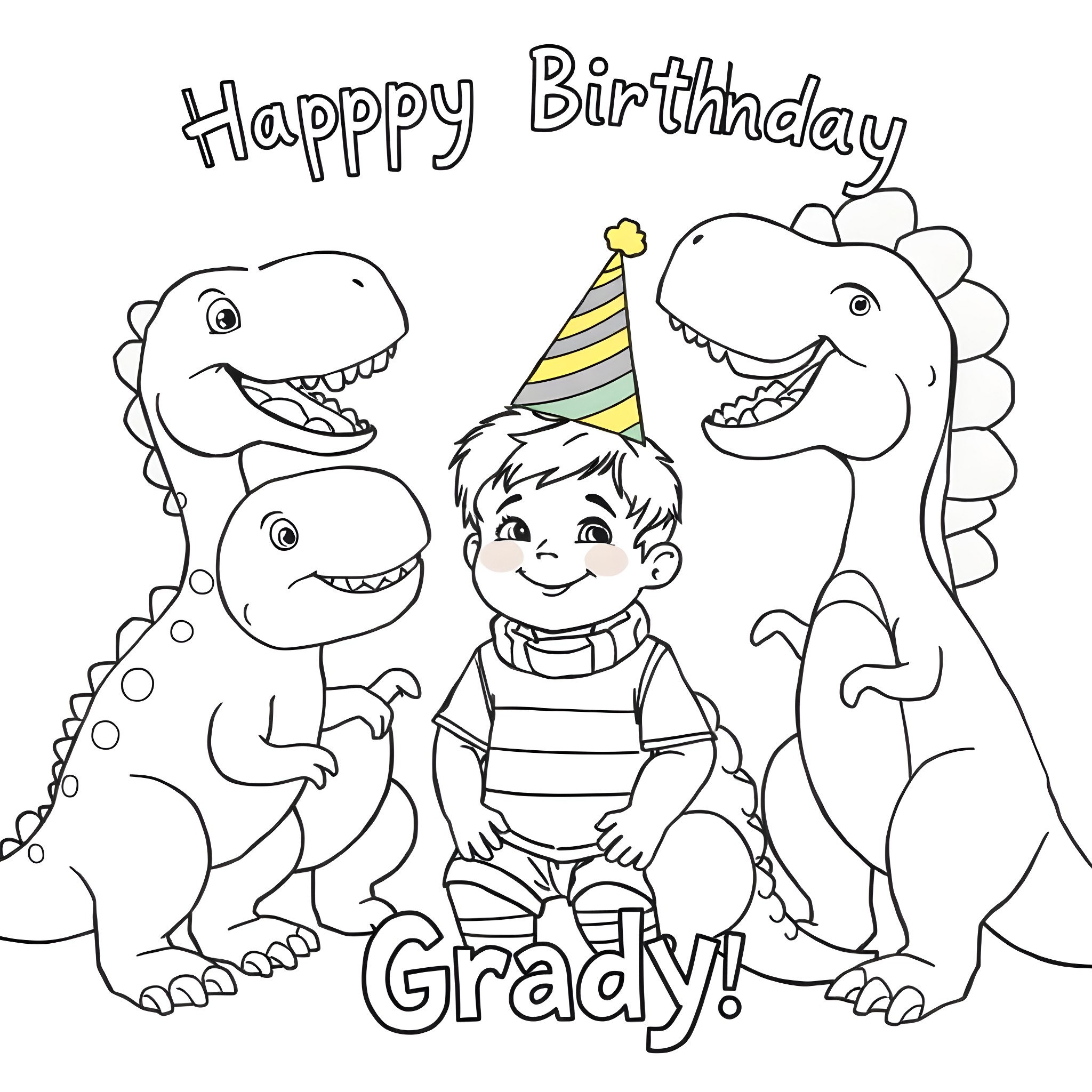 Dinosaurs Celebrating Happy Birthday with a Boy Coloring Page (free black-and-white line drawing printable PDF for all, from beginners to advanced learners, including children, teens, adults, and seniors)