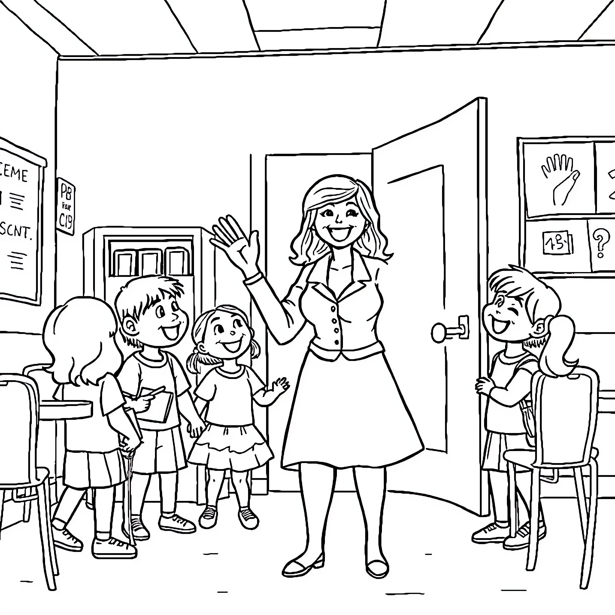 Teacher greeting students in the classroom Coloring Page (free black-and-white line drawing printable PDF for all, from beginners to advanced learners, including children, teens, adults, and seniors)