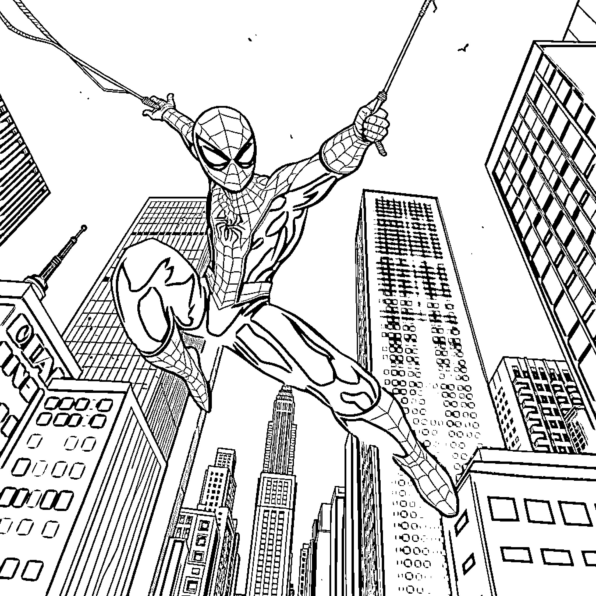 Spider-Man swinging through the city skyline Coloring Page (free black-and-white line drawing printable PDF for all, from beginners to advanced learners, including children, teens, adults, and seniors)
