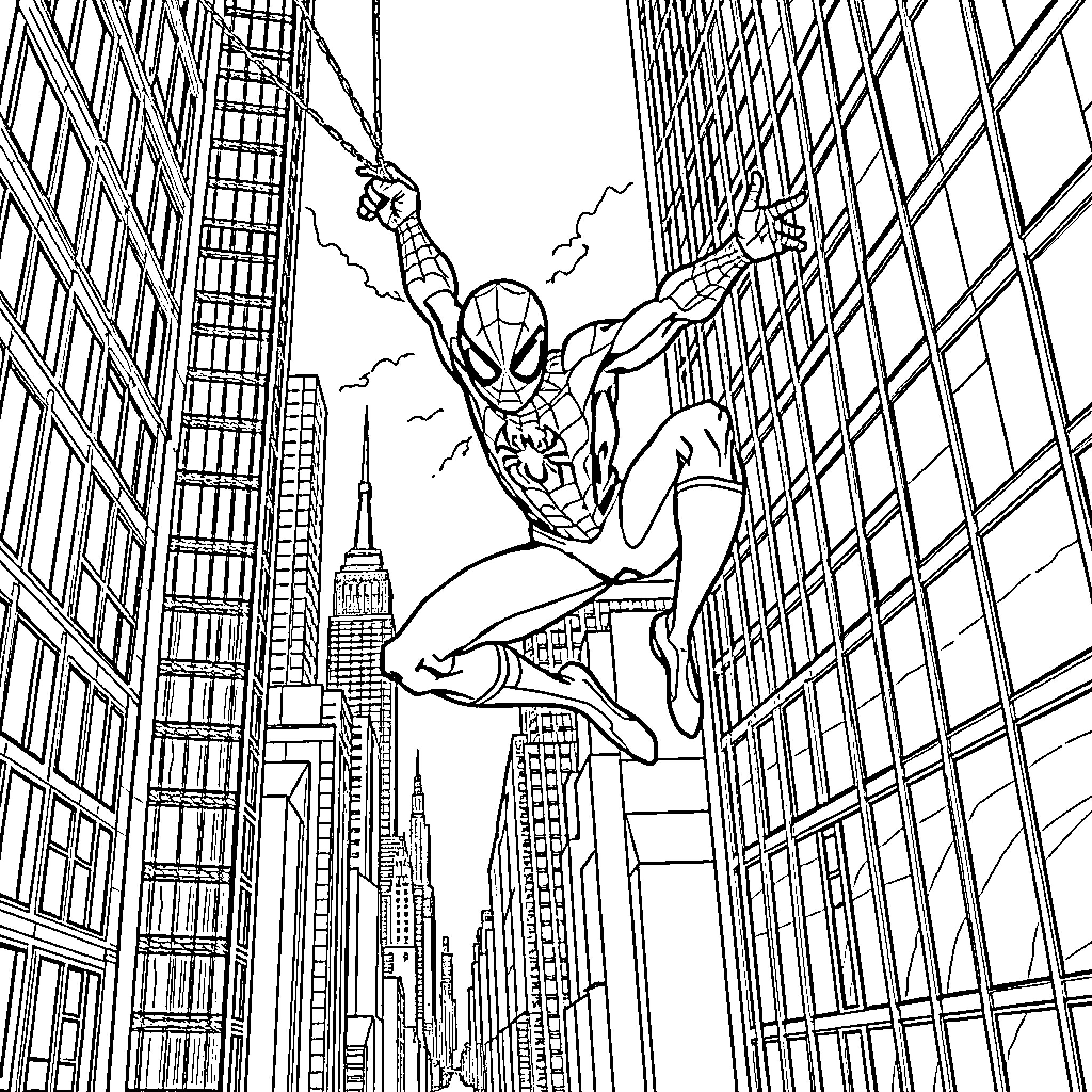 Spiderman swinging through the city skyline Coloring Page (free black-and-white line drawing printable PDF for all, from beginners to advanced learners, including children, teens, adults, and seniors)