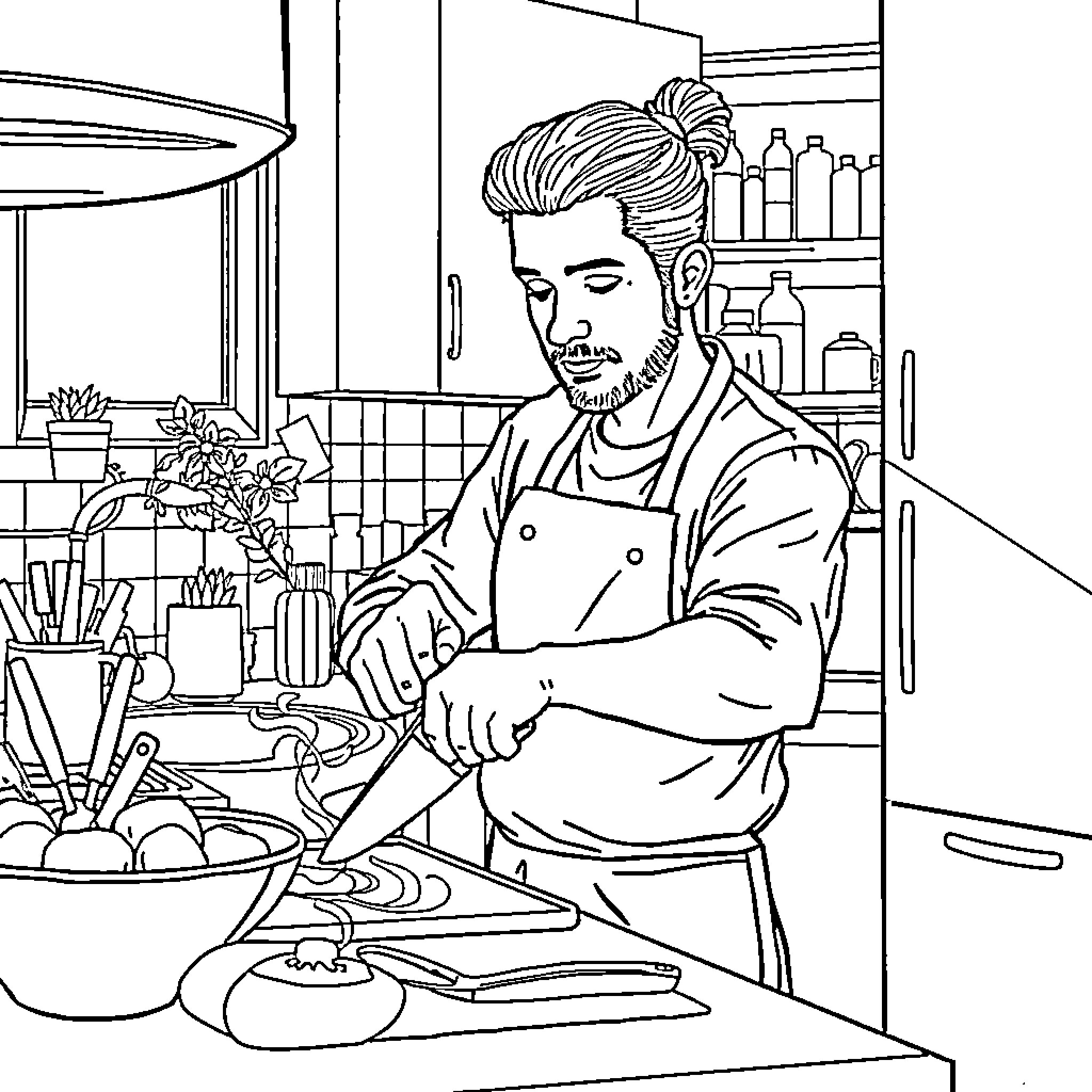 Knife-wielding chef in a busy kitchen Coloring Page (free black-and-white line drawing printable PDF for all, from beginners to advanced learners, including children, teens, adults, and seniors)
