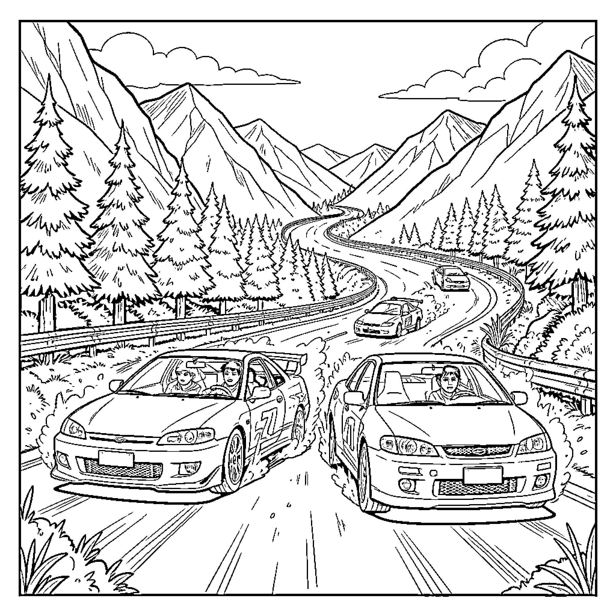 Initial D racing cars through a winding mountain road Coloring Page (free black-and-white line drawing printable PDF for all, from beginners to advanced learners, including children, teens, adults, and seniors)
