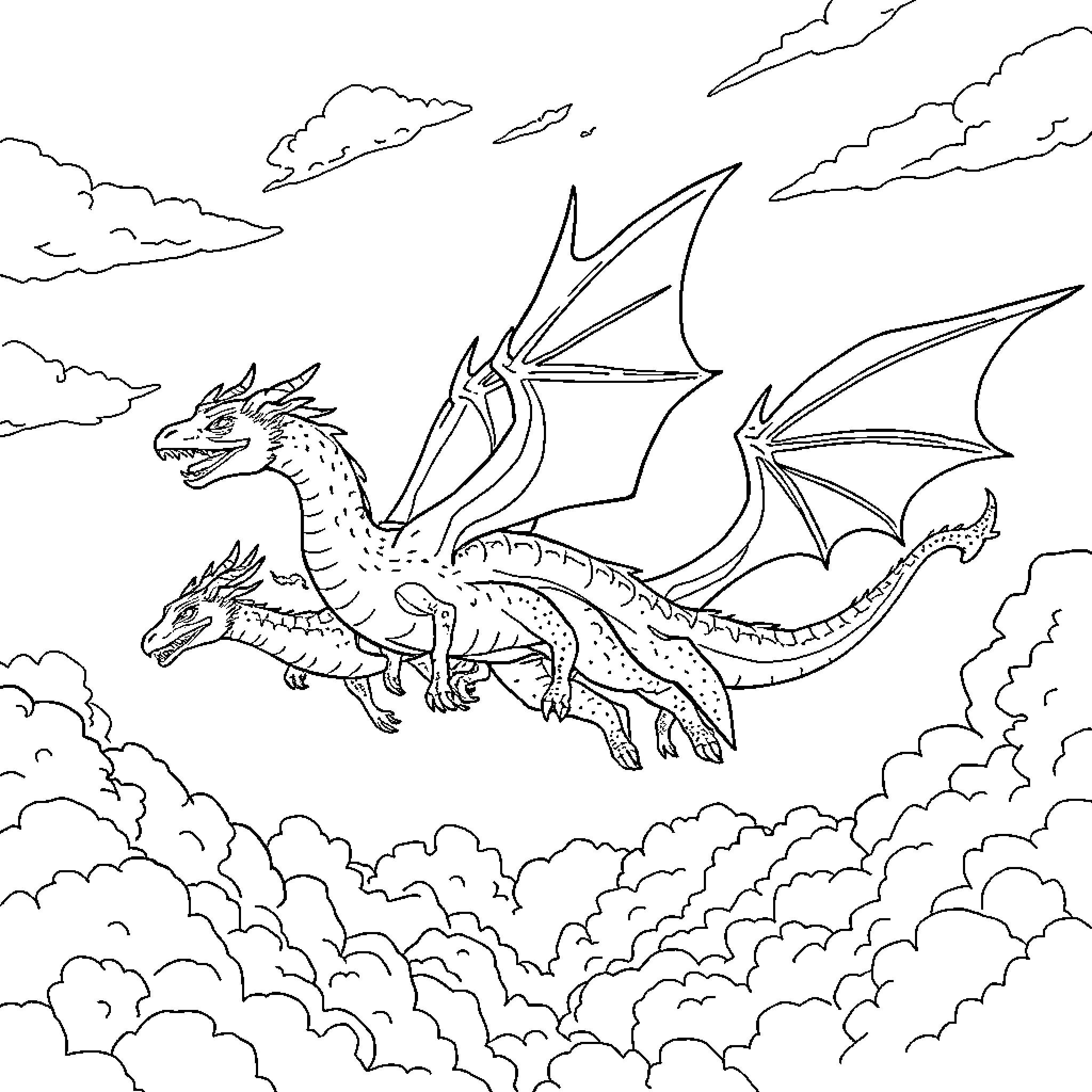 Dragons soaring through the cloudy sky Coloring Page (free black-and-white line drawing printable PDF for all, from beginners to advanced learners, including children, teens, adults, and seniors)
