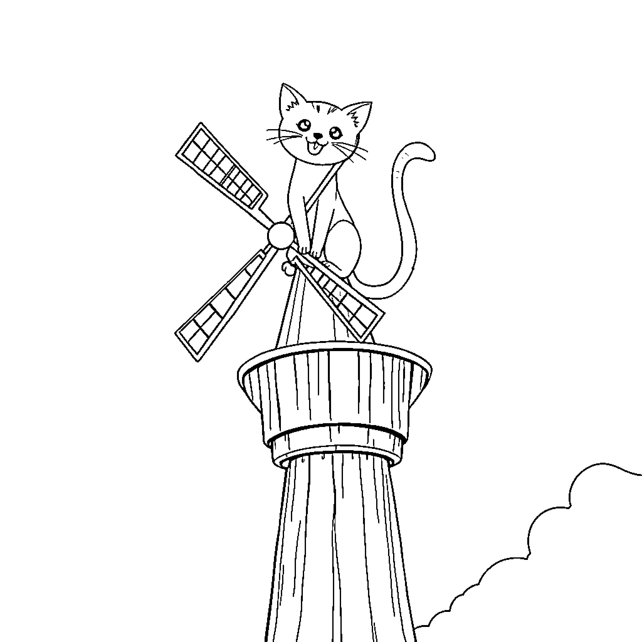 Cat standing atop a windmill Coloring Page (free black-and-white line drawing printable PDF for all, from beginners to advanced learners, including children, teens, adults, and seniors)
