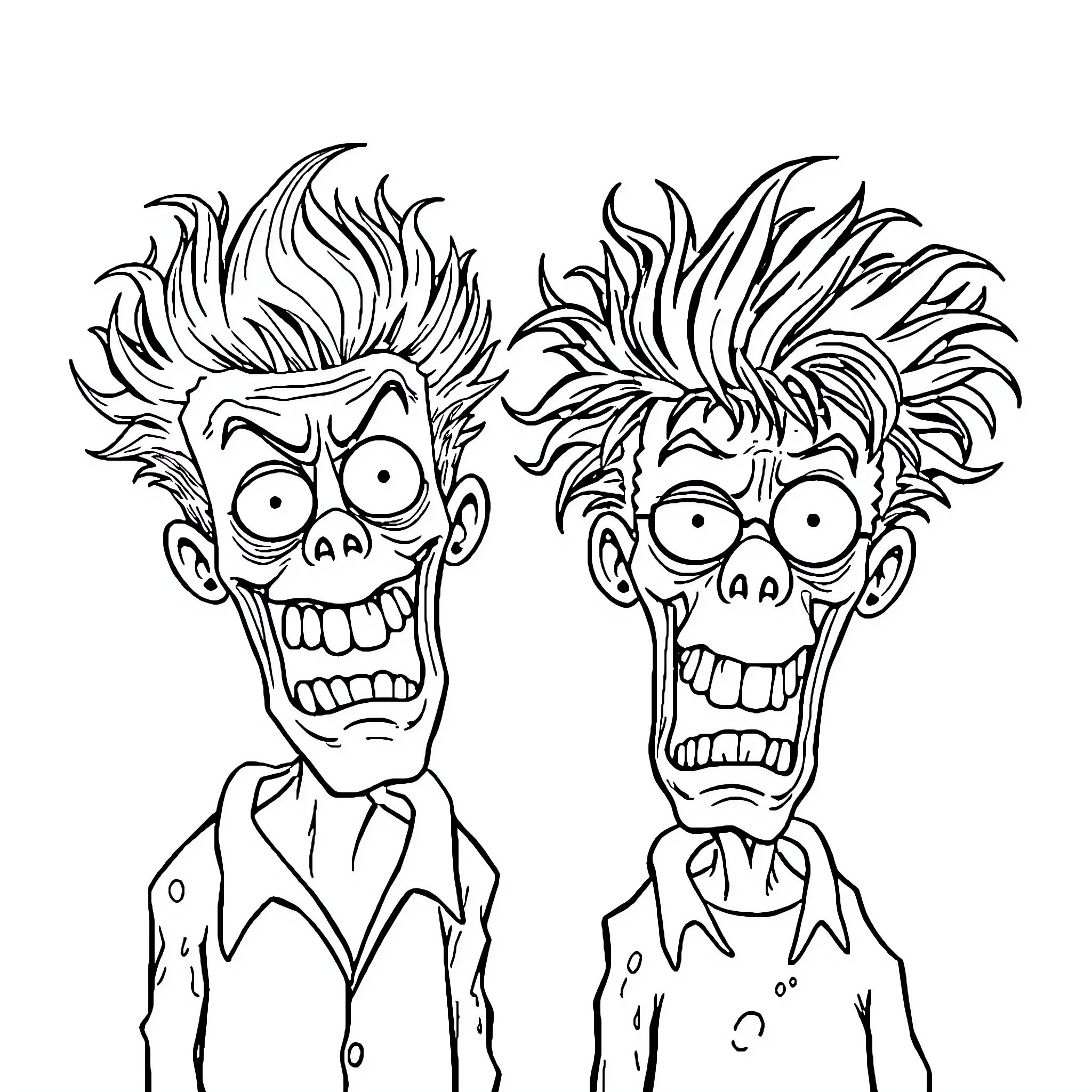 Zombie-like characters with wild, spiky hair Coloring Page (free black-and-white line drawing printable PDF for all, from beginners to advanced learners, including children, teens, adults, and seniors)