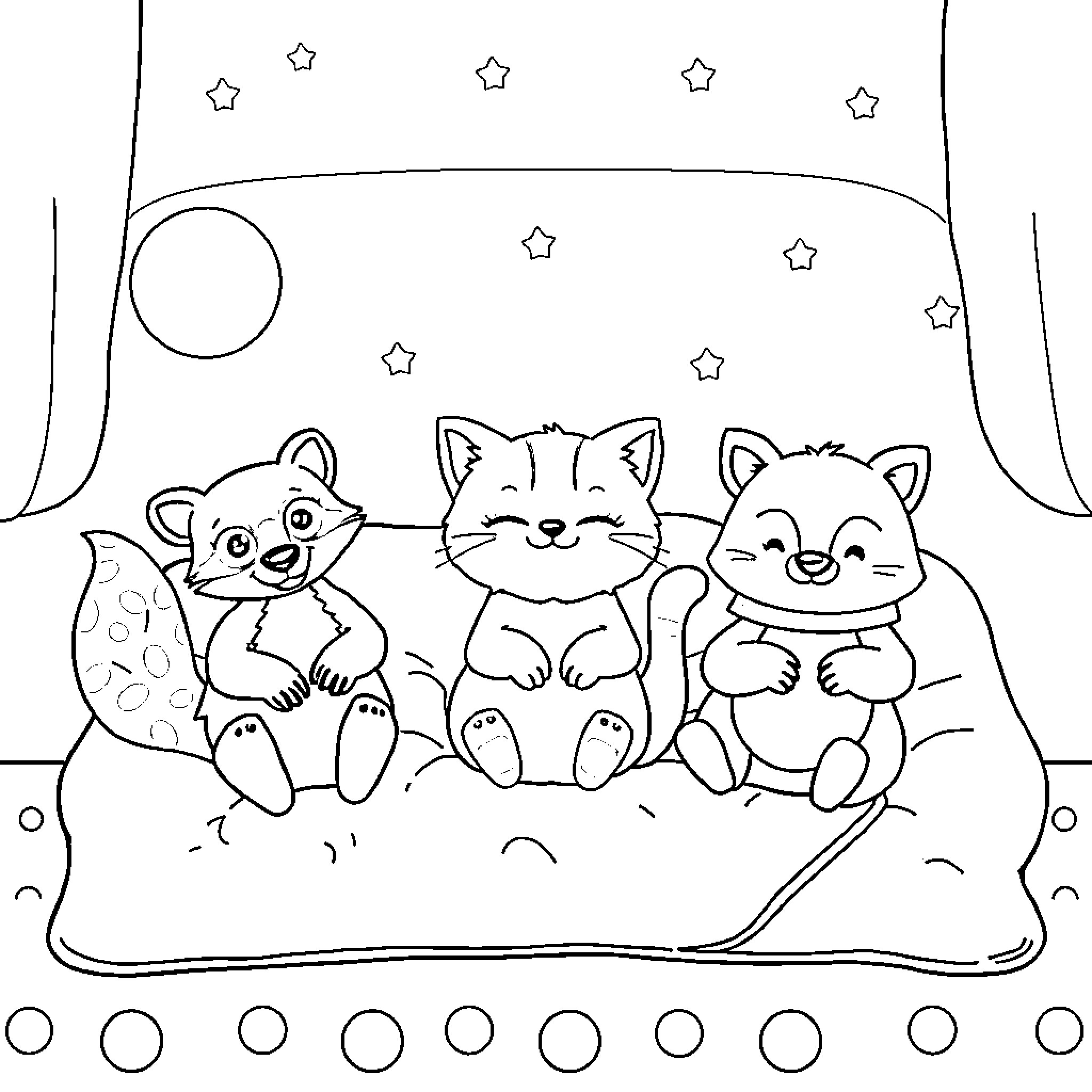 Renard's Playful Companions in the Starry Night Coloring Page (free black-and-white line drawing printable PDF for all, from beginners to advanced learners, including children, teens, adults, and seniors)