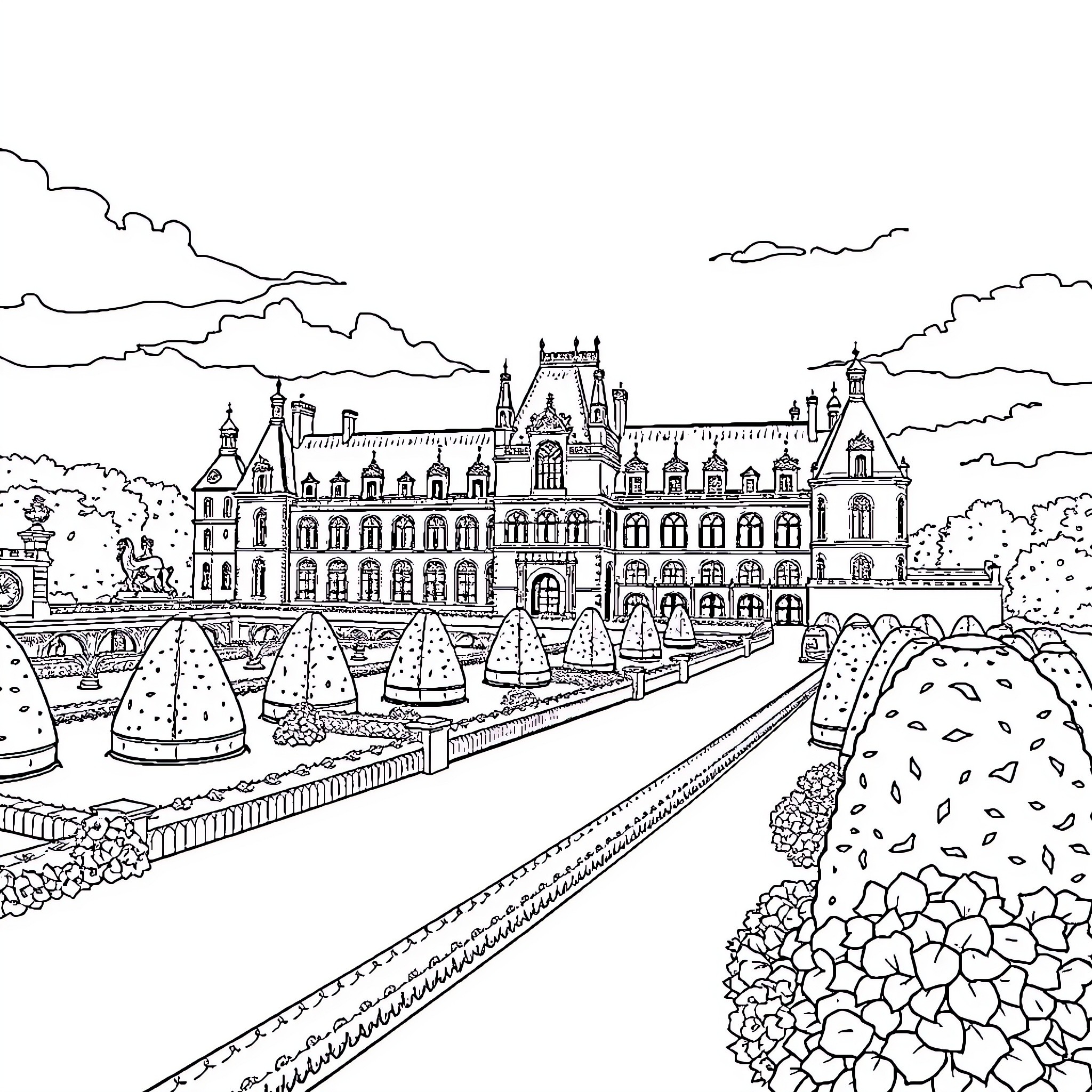 Château of Ornate Architecture and Manicured Gardens Coloring Page (free black-and-white line drawing printable PDF for all, from beginners to advanced learners, including children, teens, adults, and seniors)